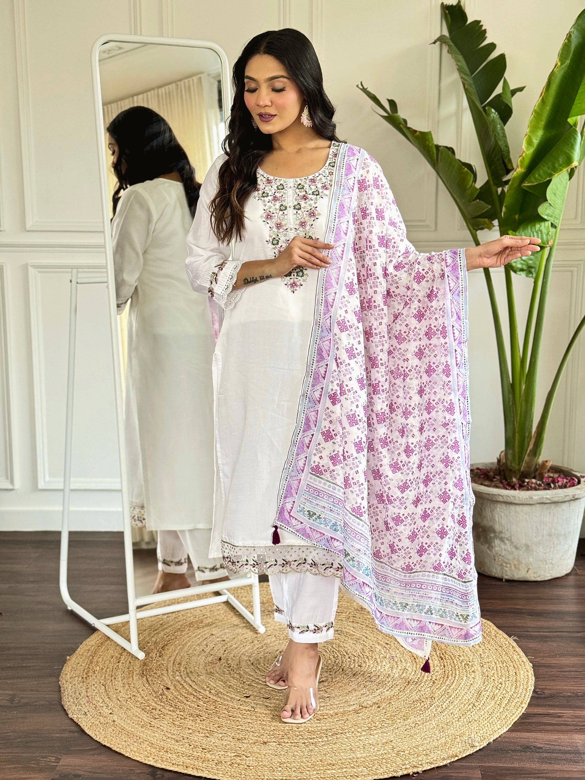 White & Pink Viscose Chanderi Kurti Set with Floral Embroidery