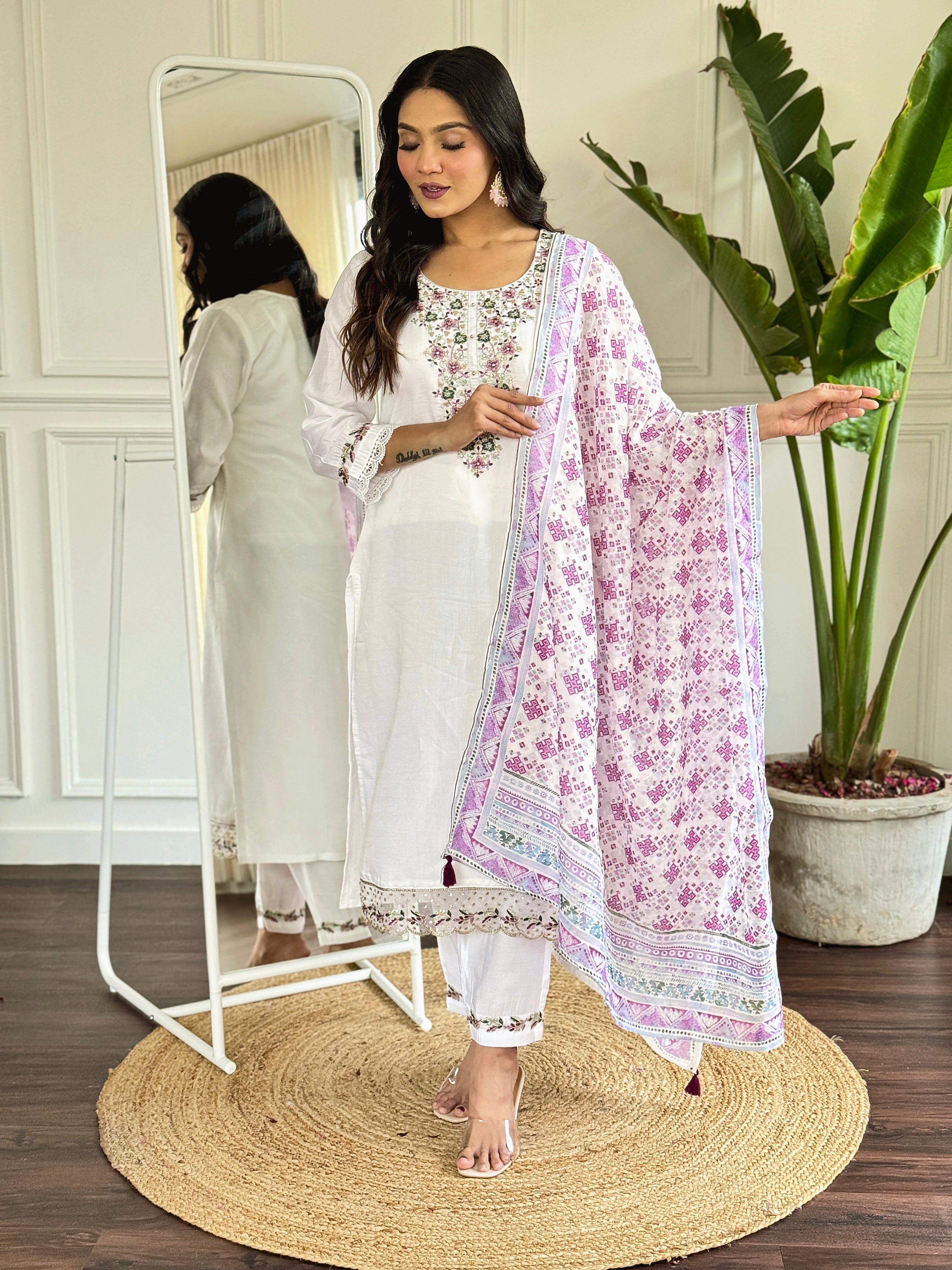 White &amp; Pink Viscose Chanderi Kurti Set with Floral Embroidery