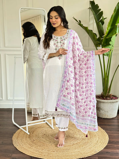 White &amp; Pink Viscose Chanderi Kurti Set with Floral Embroidery