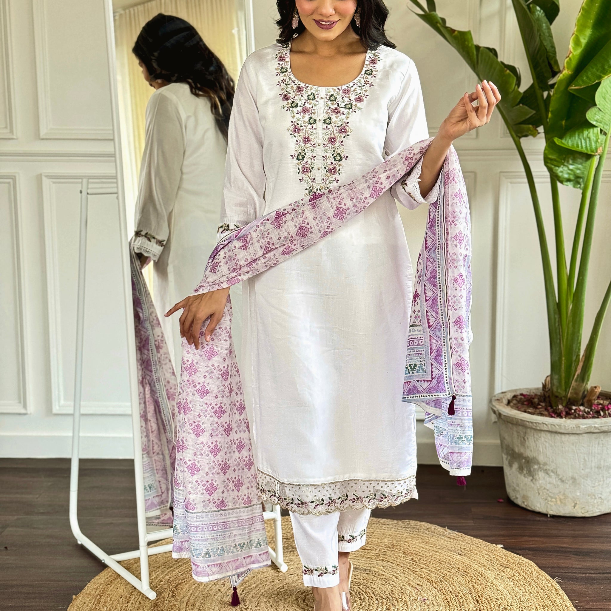 White & Pink Viscose Chanderi Kurti Set with Floral Embroidery