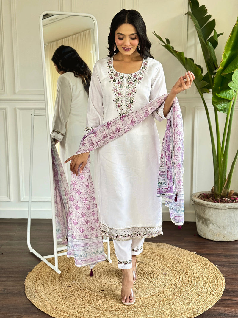White & Pink Viscose Chanderi Kurti Set with Floral Embroidery
