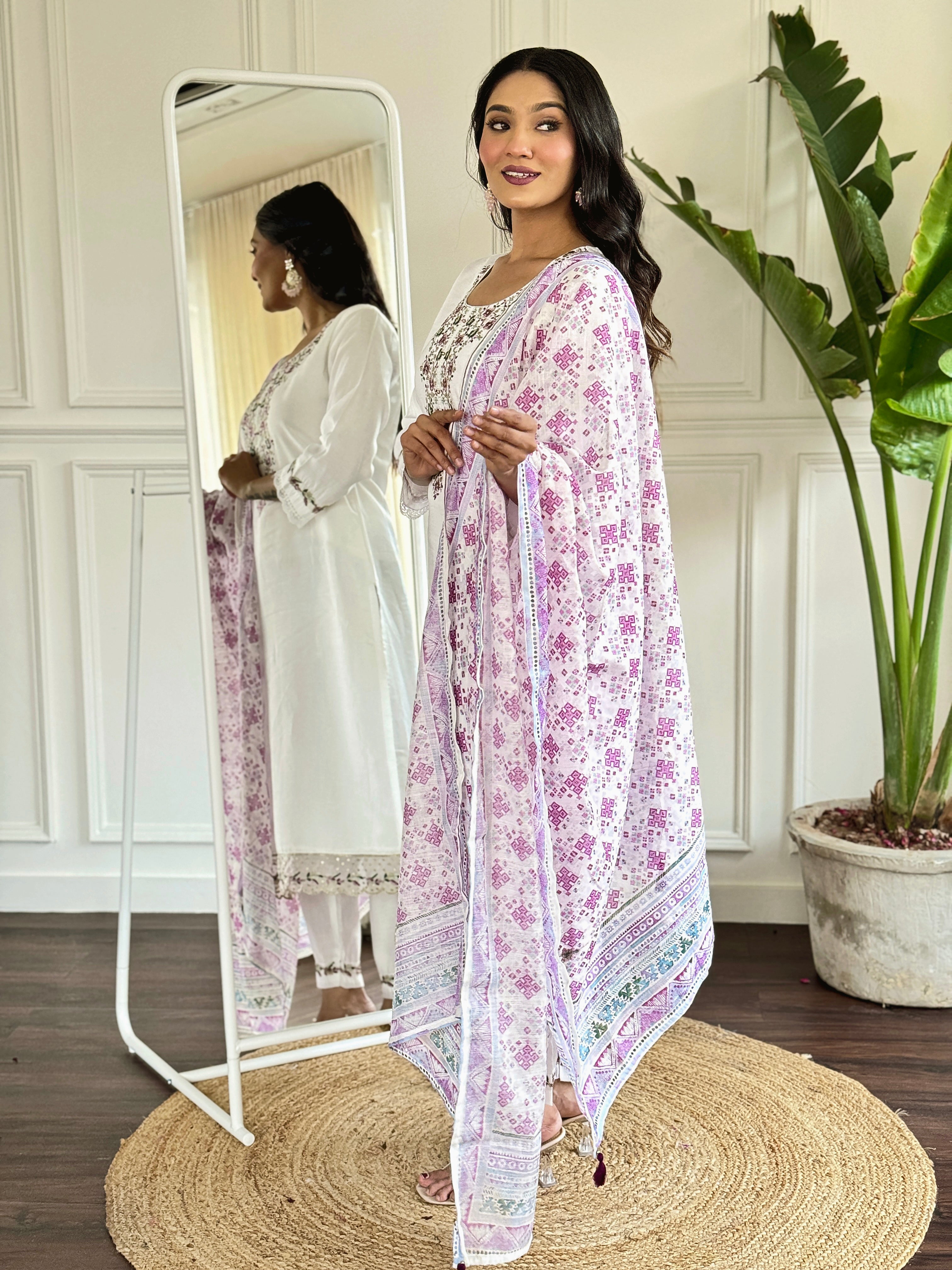 White &amp; Pink Viscose Chanderi Kurti Set with Floral Embroidery