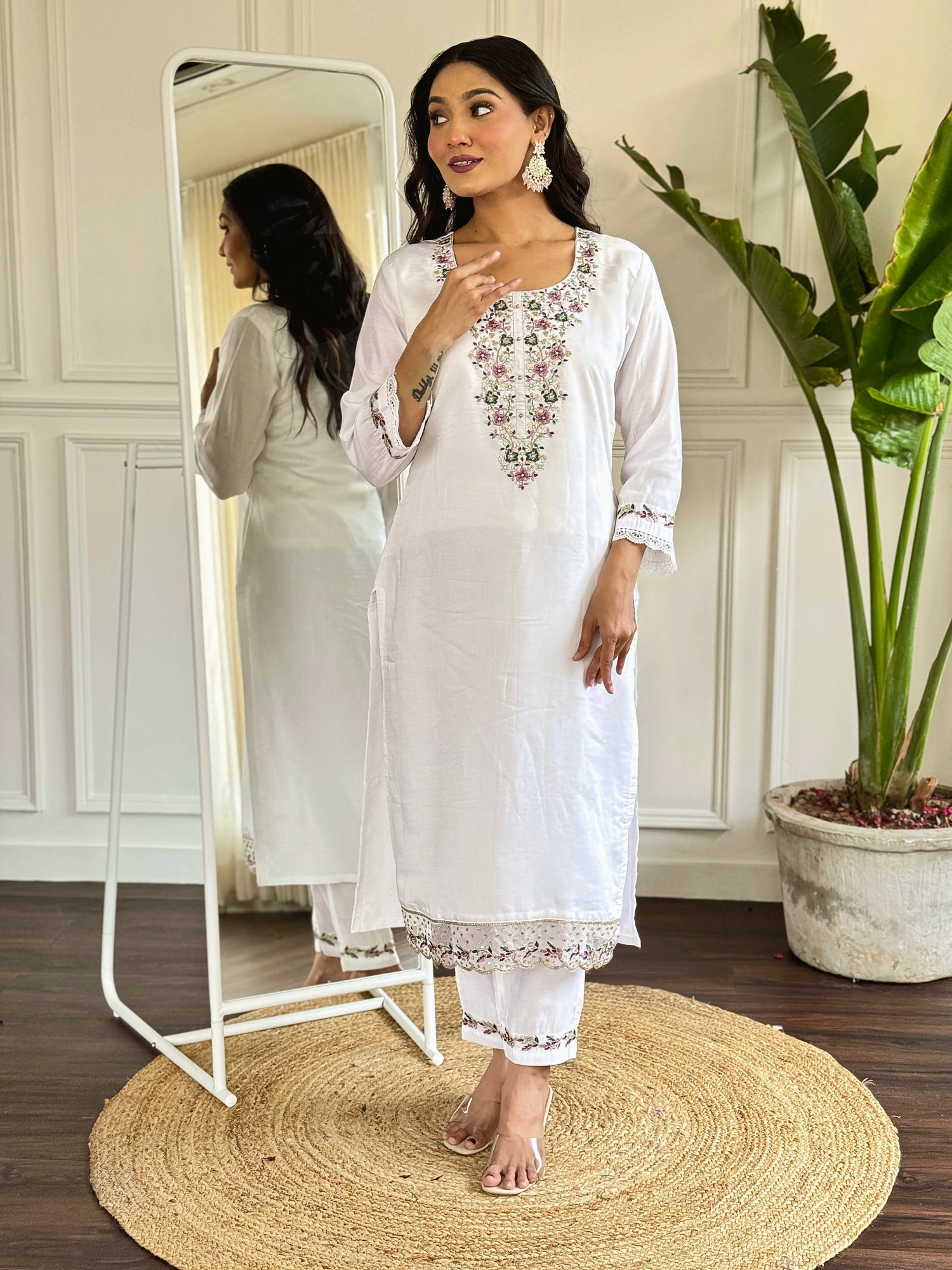White &amp; Pink Viscose Chanderi Kurti Set with Floral Embroidery