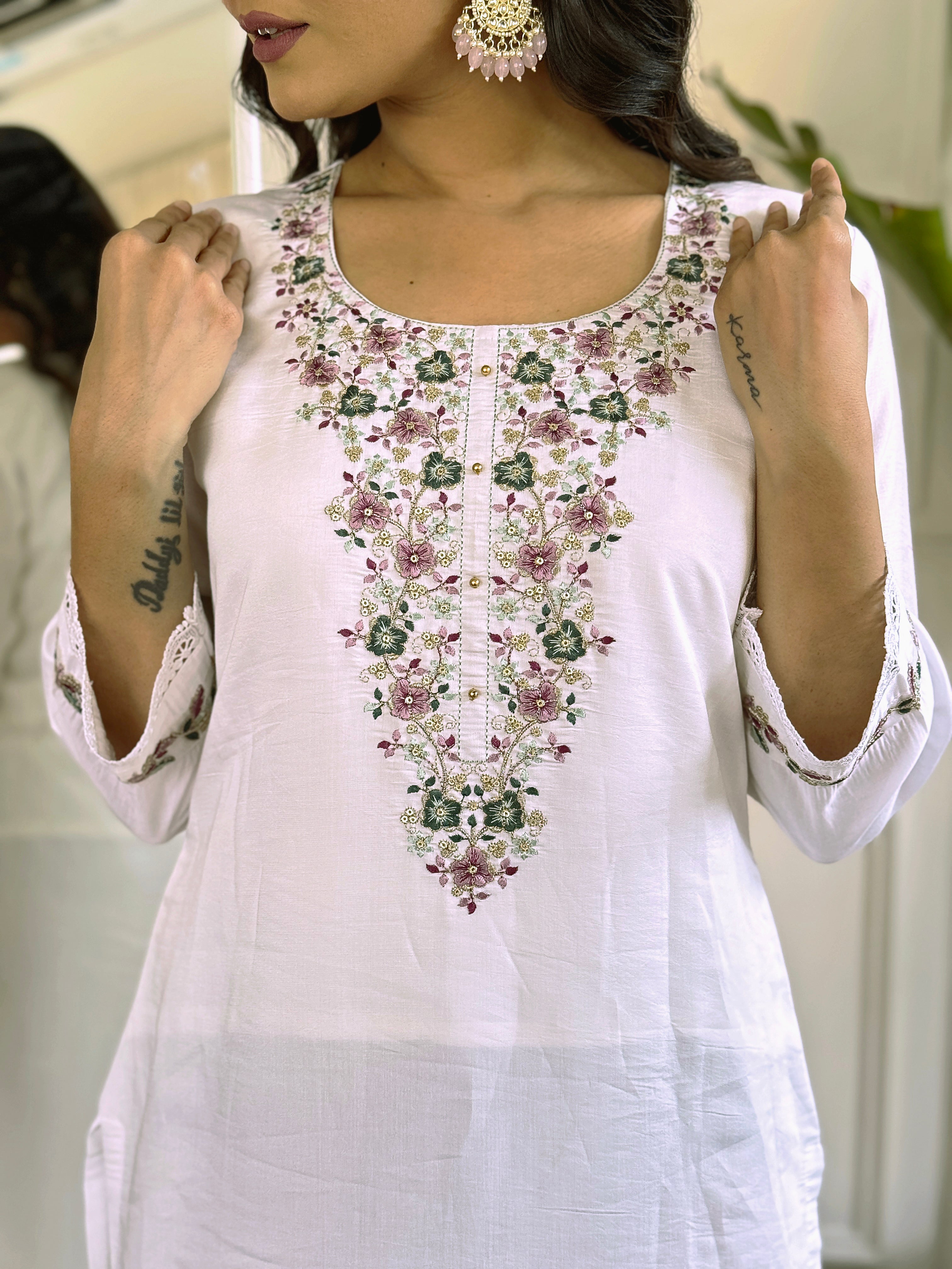 White &amp; Pink Viscose Chanderi Kurti Set with Floral Embroidery