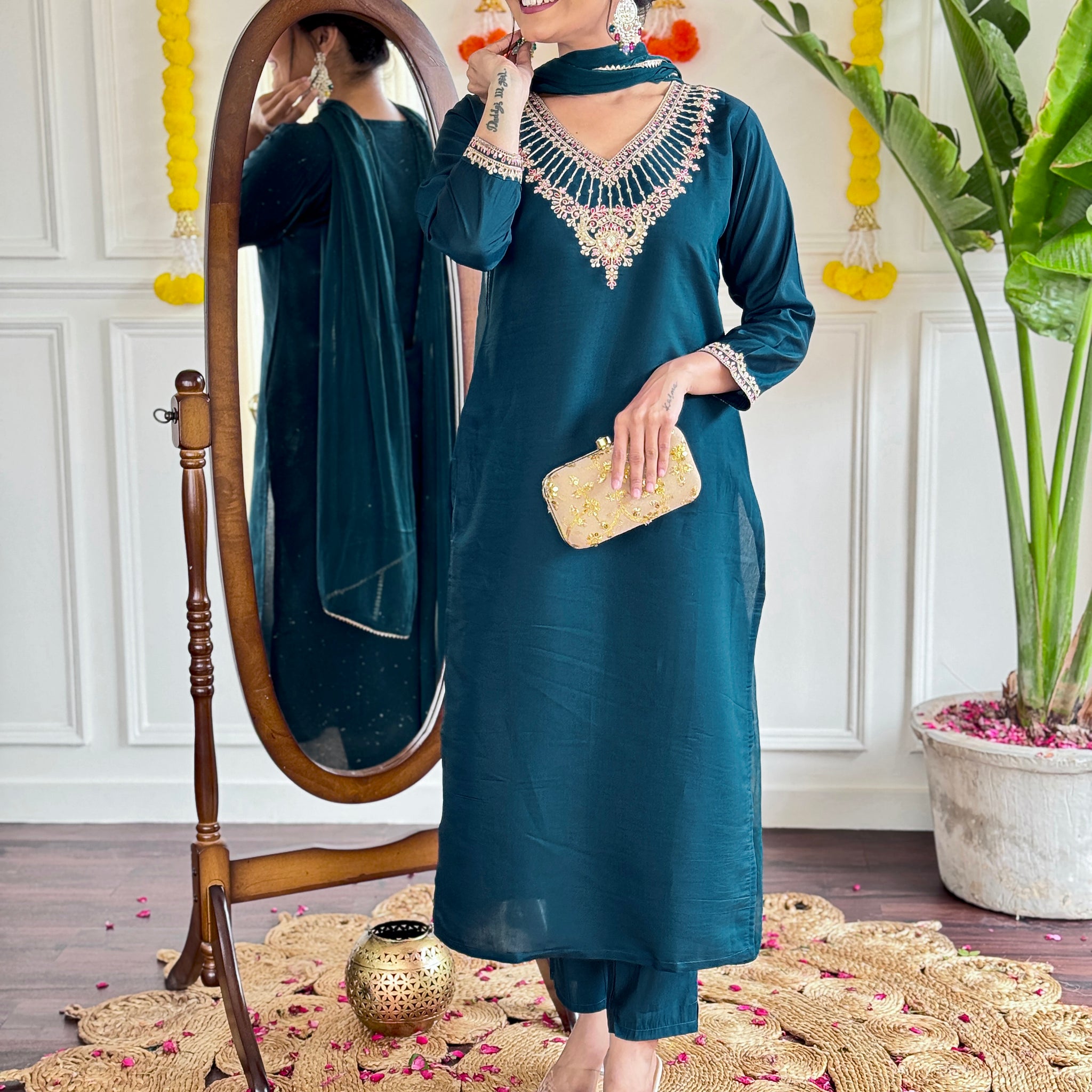Teal Blue Chanderi Kurti Set with Heavy Embroidered Neckline