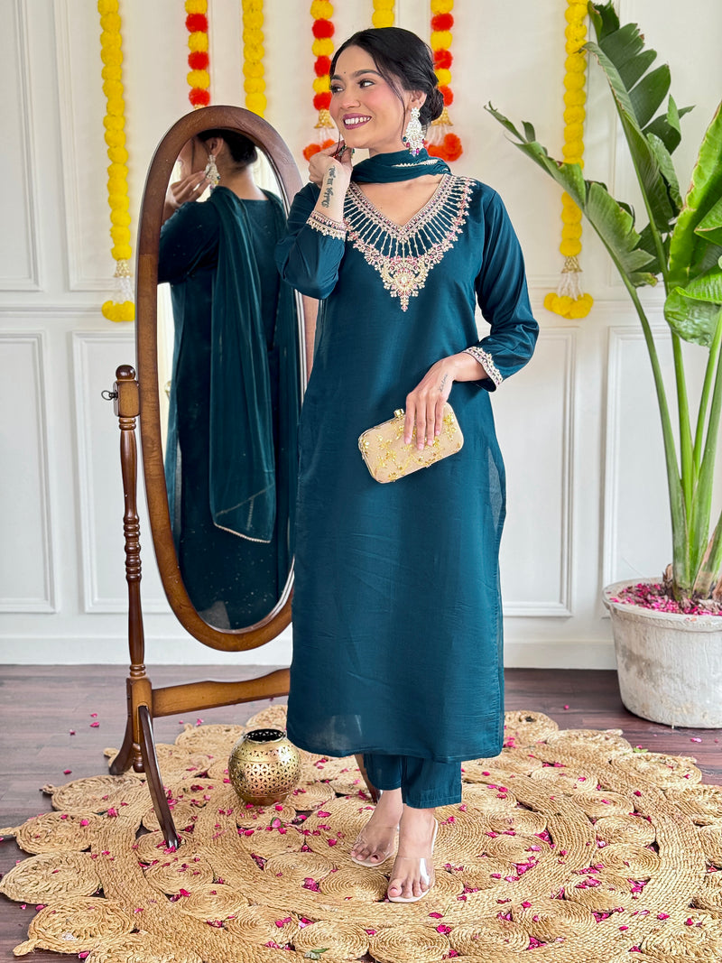 Teal Blue Chanderi Kurti Set with Heavy Embroidered Neckline