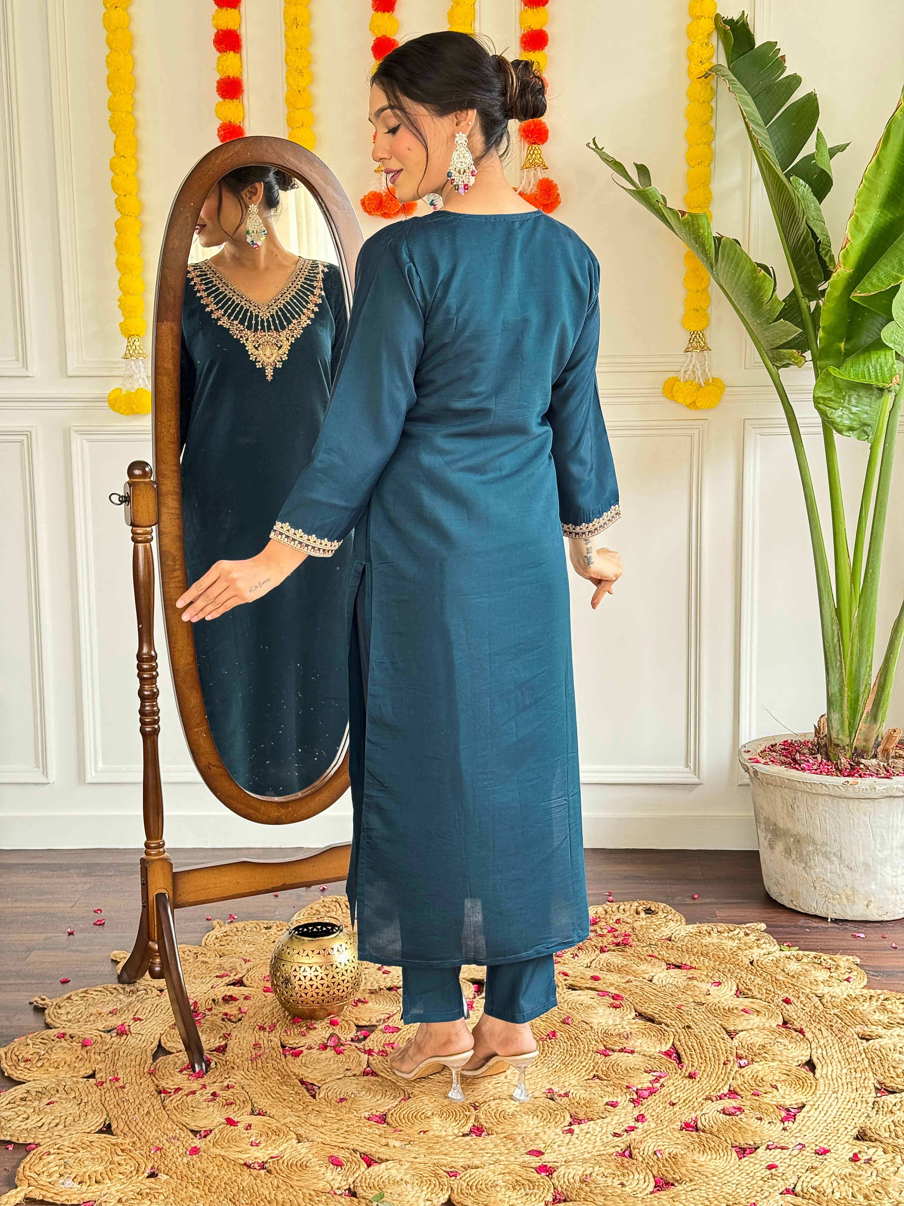 Teal Blue Chanderi Kurti Set with Heavy Embroidered Neckline