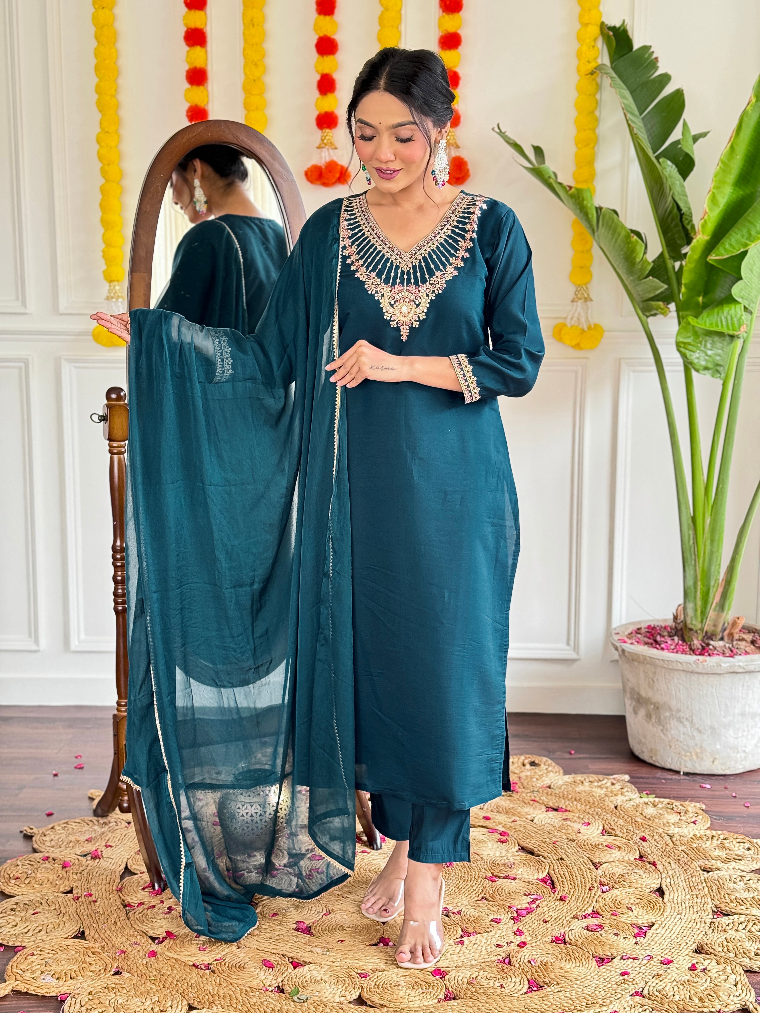 Teal Blue Chanderi Kurti Set with Heavy Embroidered Neckline