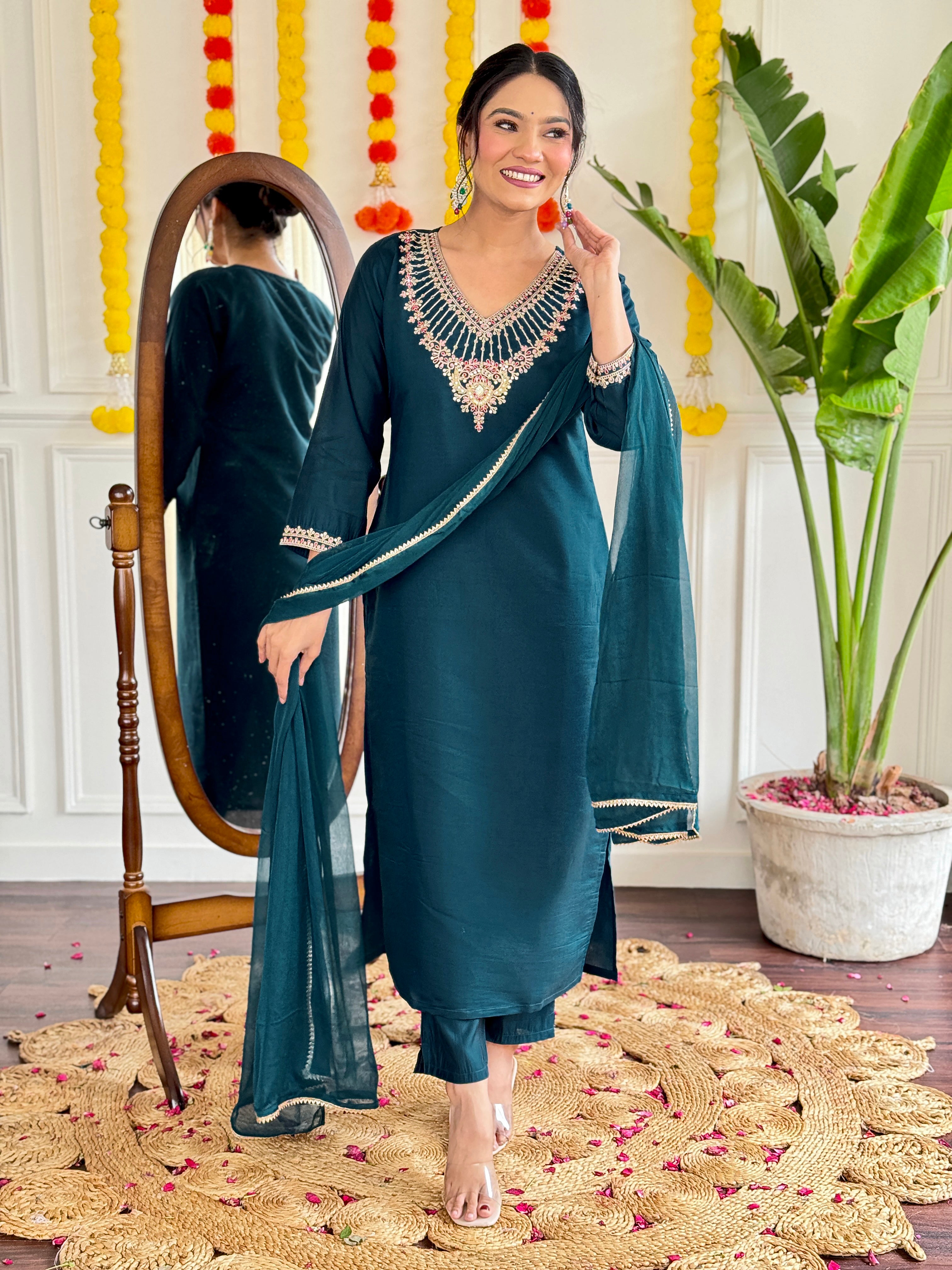 Teal Blue Chanderi Kurti Set with Heavy Embroidered Neckline