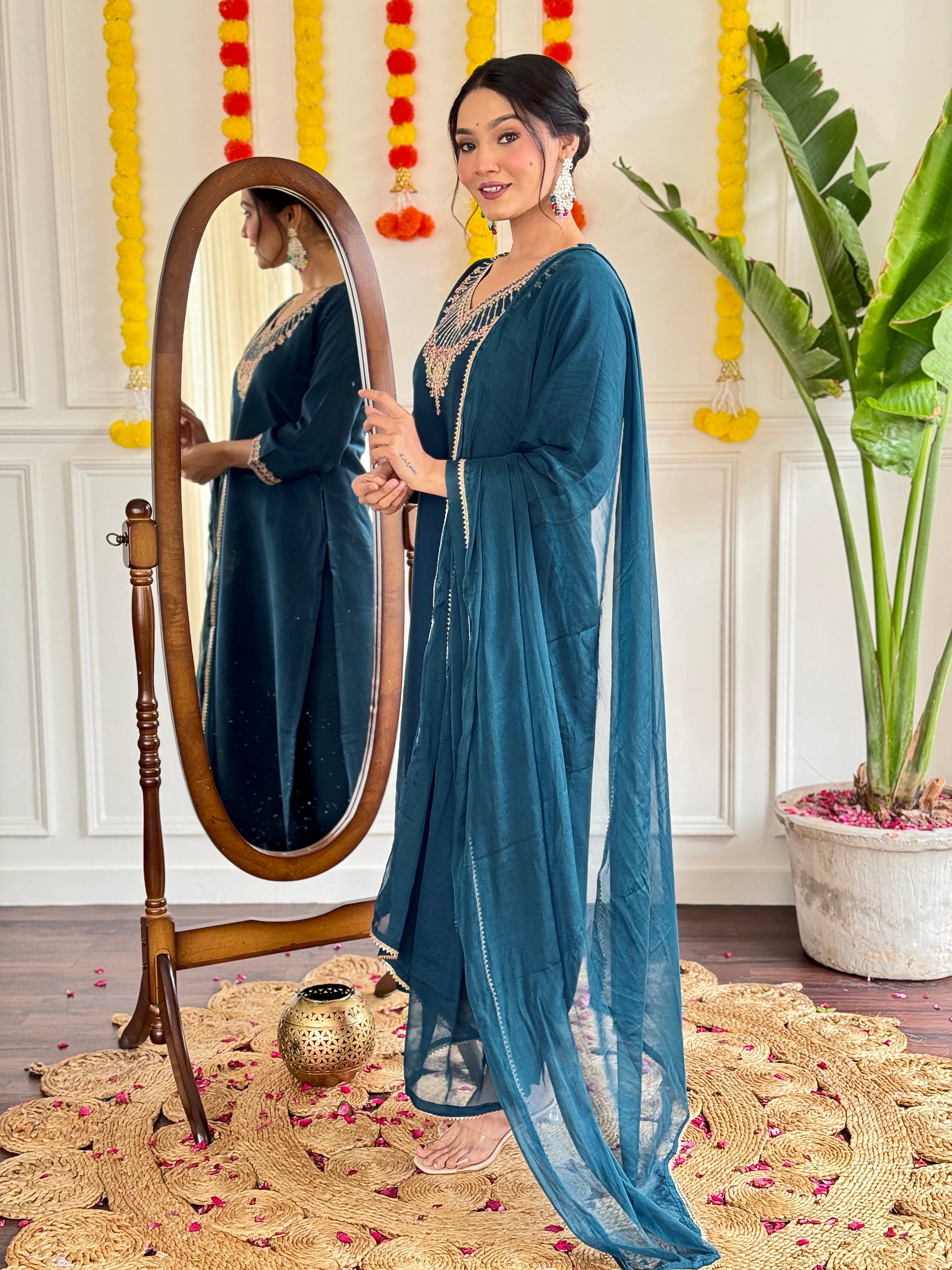 Teal Blue Chanderi Kurti Set with Heavy Embroidered Neckline
