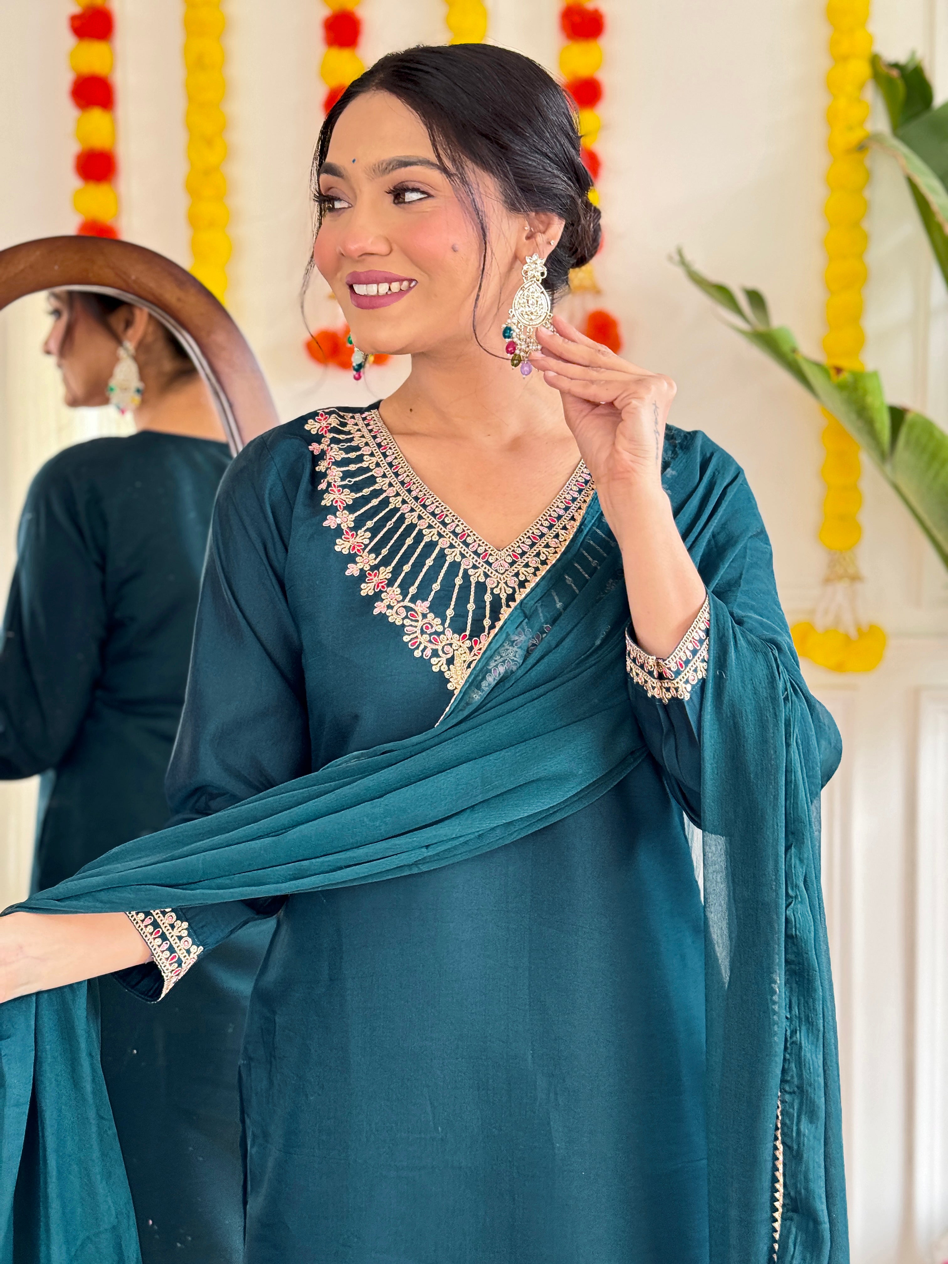 Teal Blue Chanderi Kurti Set with Heavy Embroidered Neckline