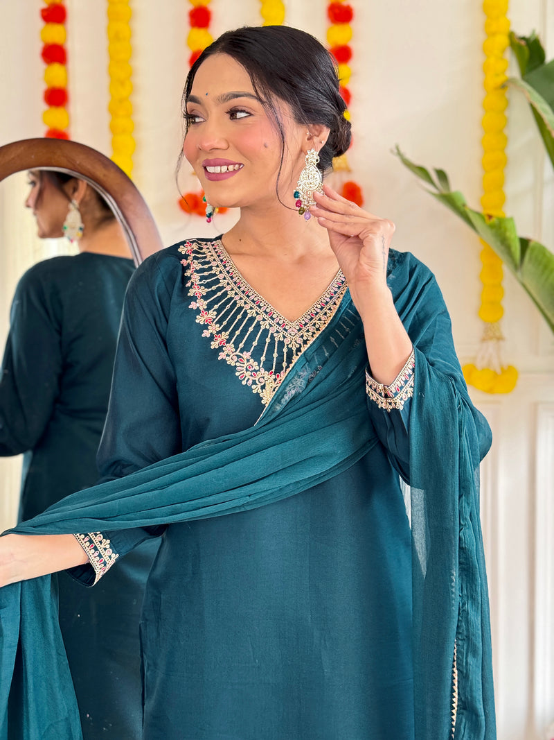 Teal Blue Chanderi Kurti Set with Heavy Embroidered Neckline