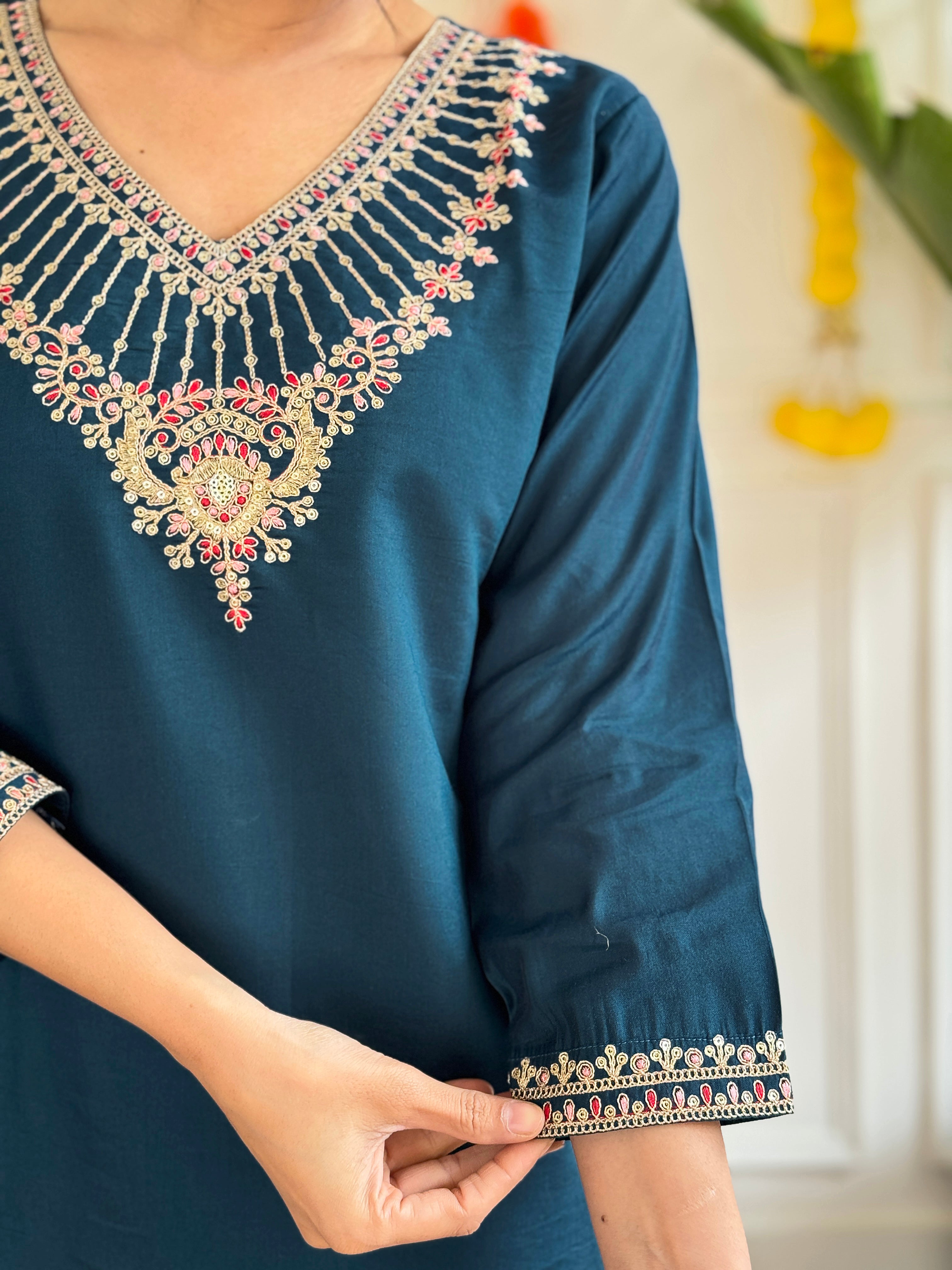 Teal Blue Chanderi Kurti Set with Heavy Embroidered Neckline
