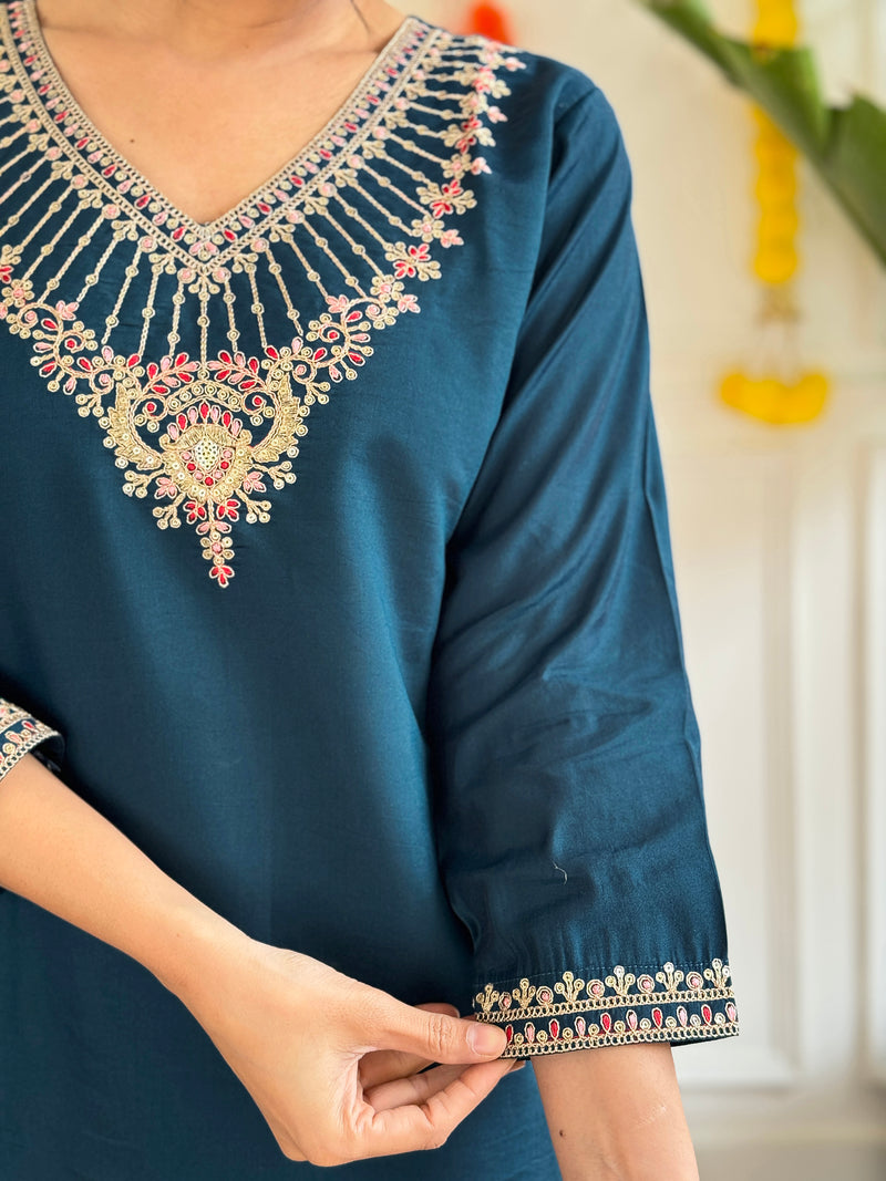 Teal Blue Chanderi Kurti Set with Heavy Embroidered Neckline
