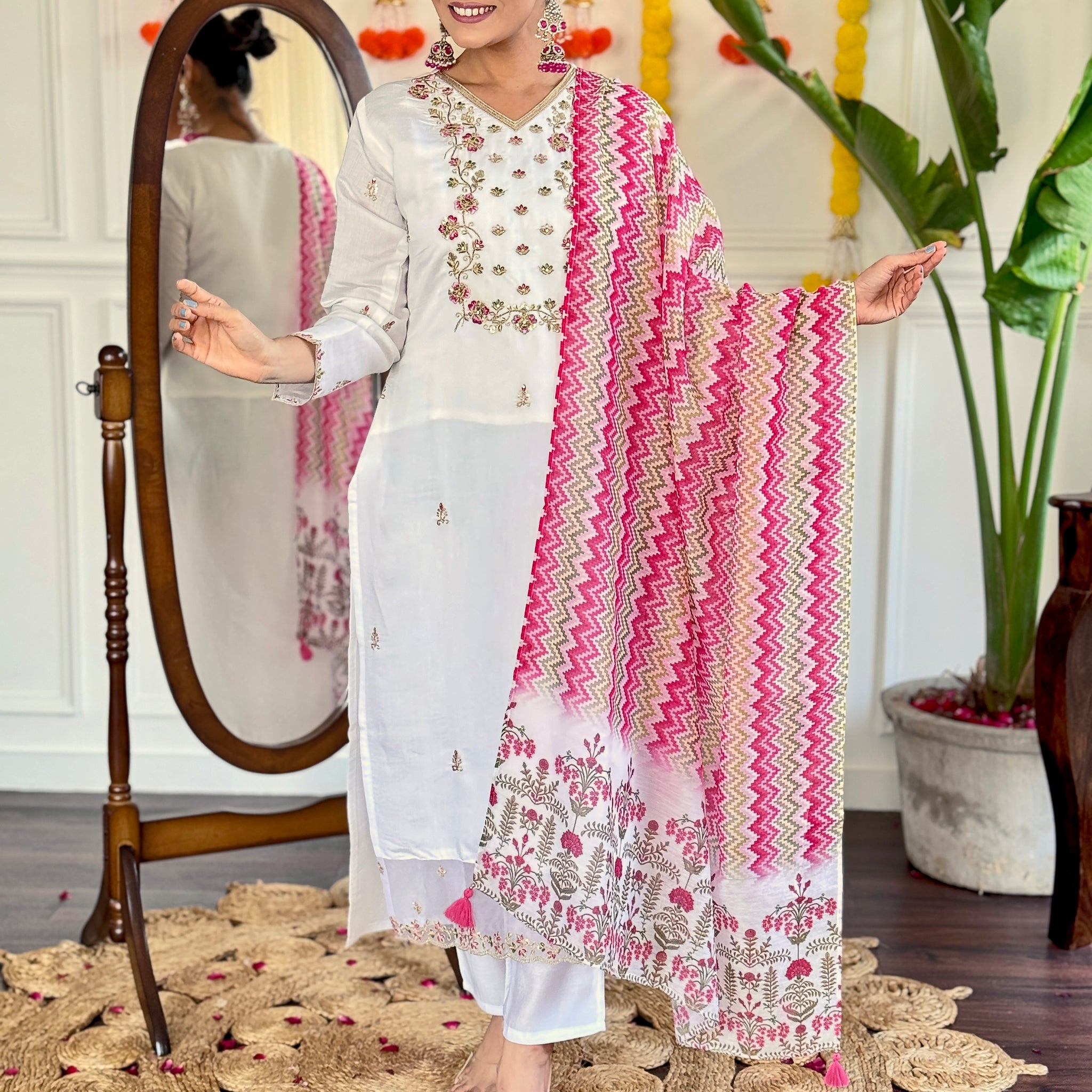 White & Pink Embroidered Viscose Chanderi Kurti Set