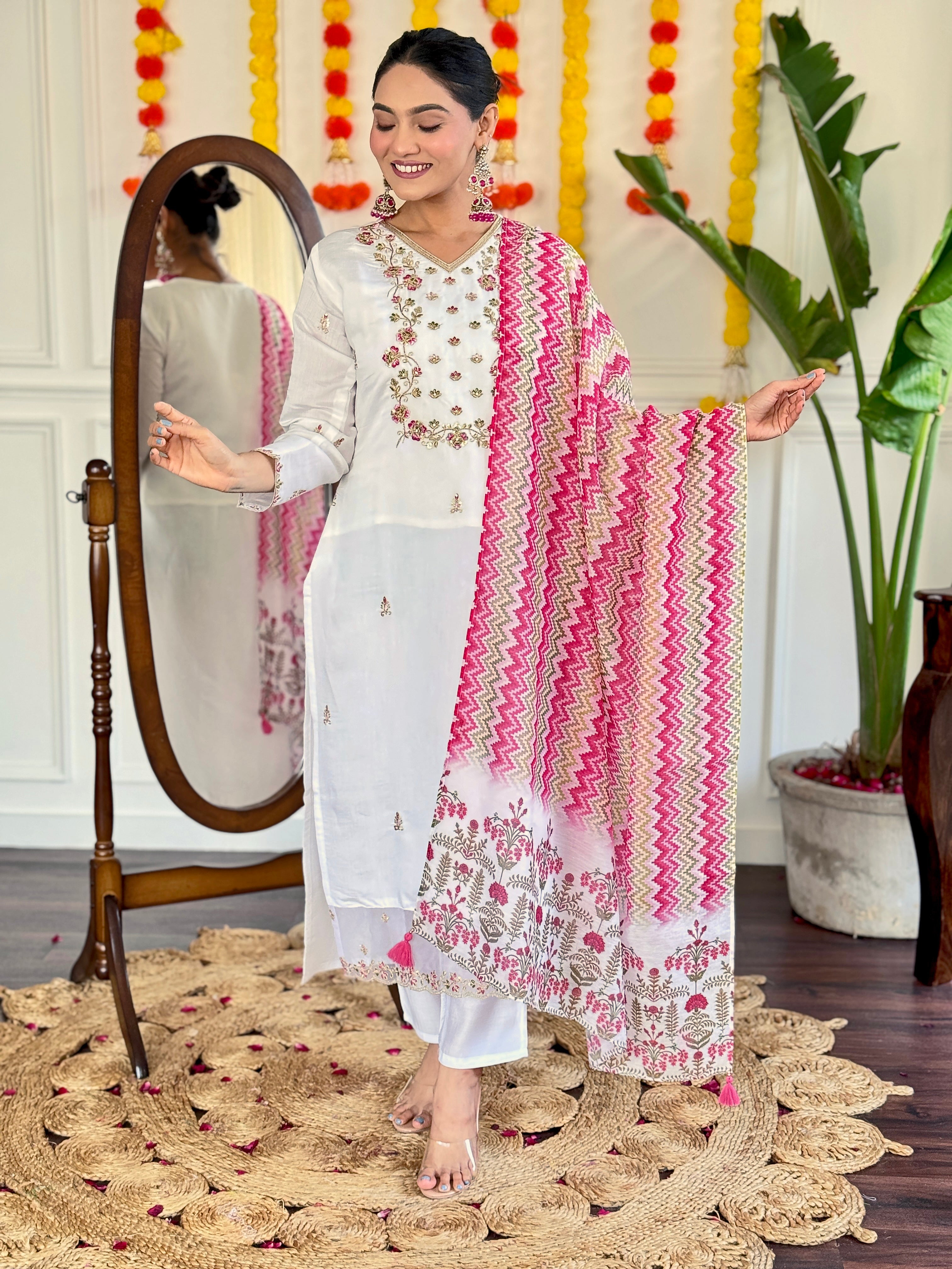 White & Pink Embroidered Viscose Chanderi Kurti Set