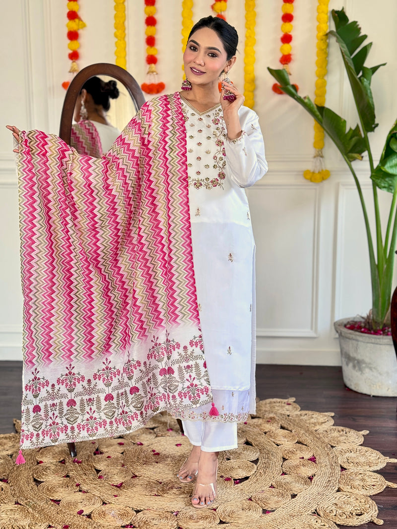 White & Pink Embroidered Viscose Chanderi Kurti Set