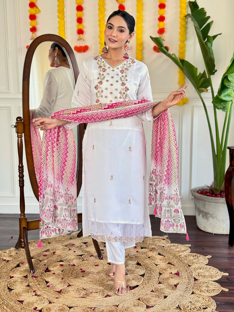 White & Pink Embroidered Viscose Chanderi Kurti Set