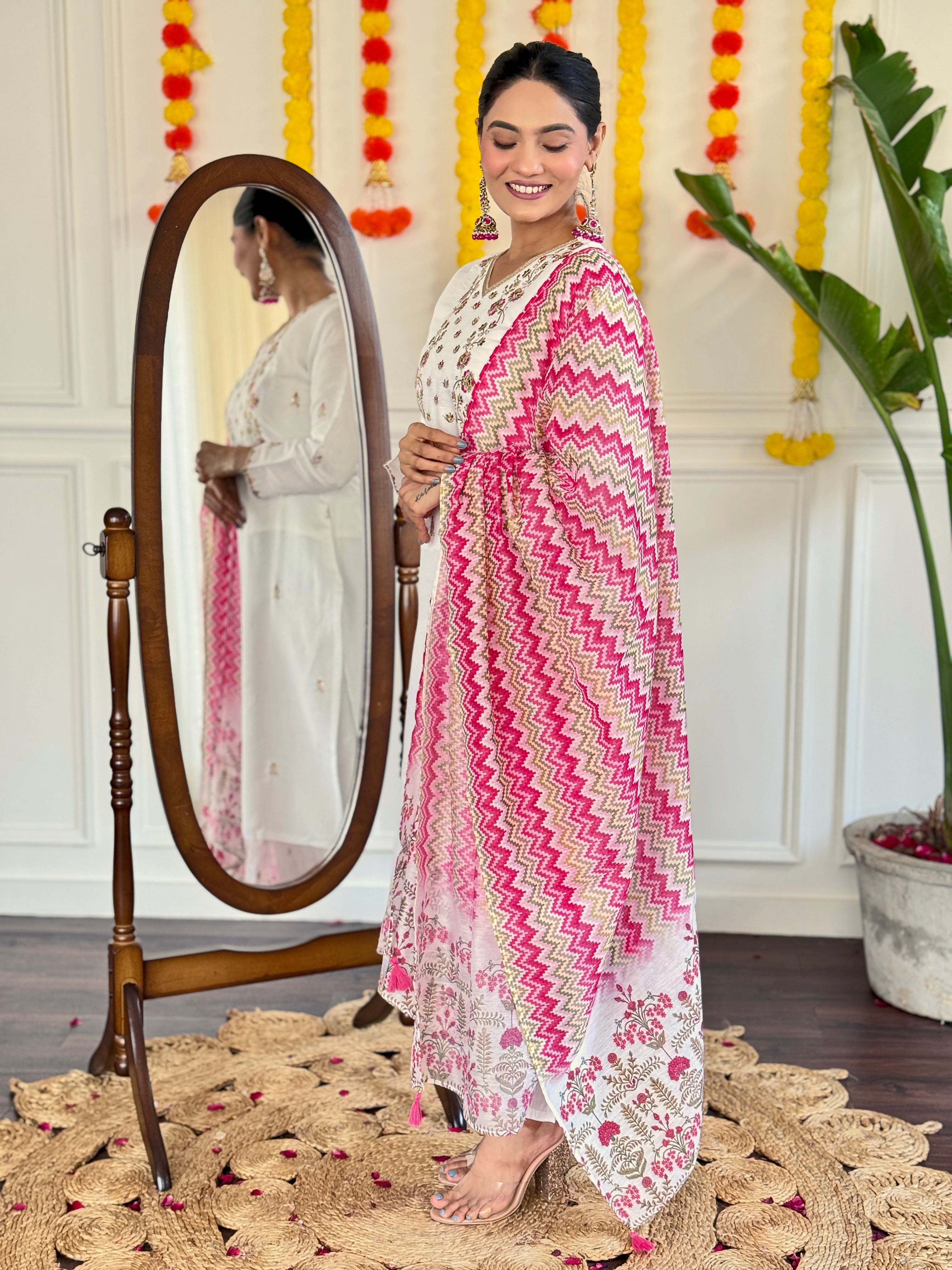 White & Pink Embroidered Viscose Chanderi Kurti Set