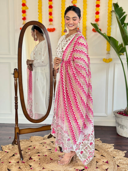 White &amp; Pink Embroidered Viscose Chanderi Kurti Set