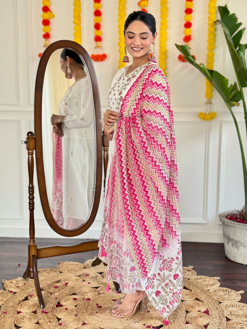 White & Pink Embroidered Viscose Chanderi Kurti Set