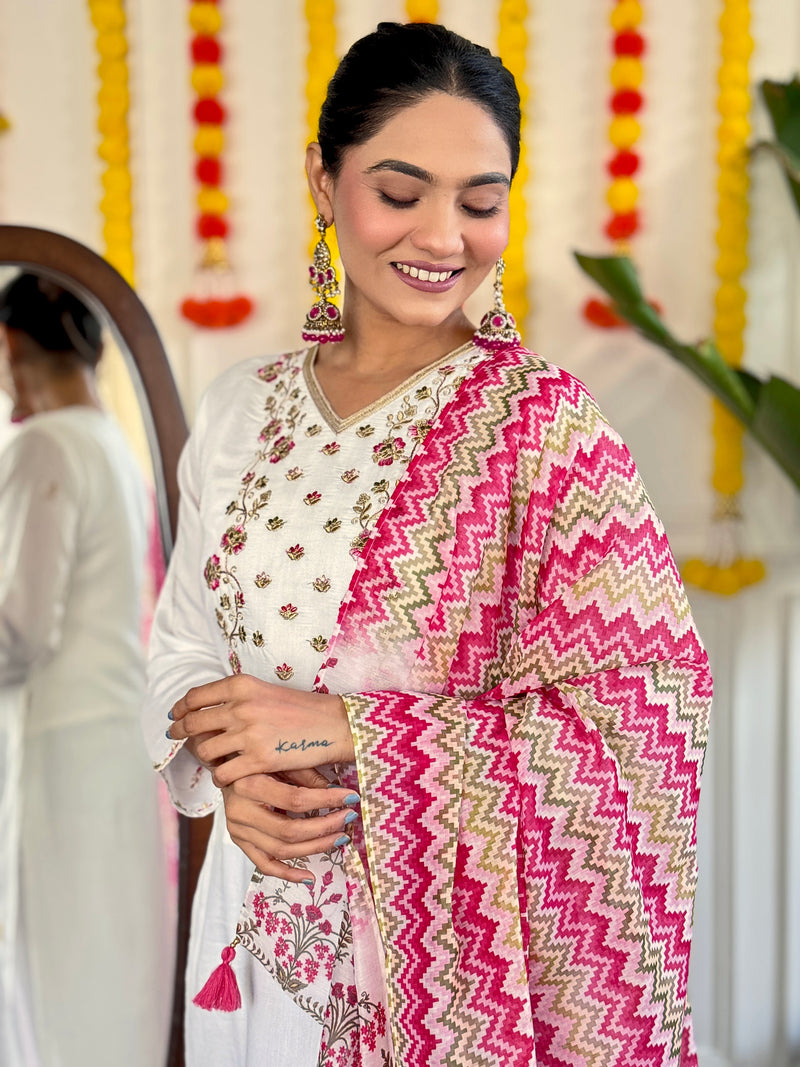 White & Pink Embroidered Viscose Chanderi Kurti Set