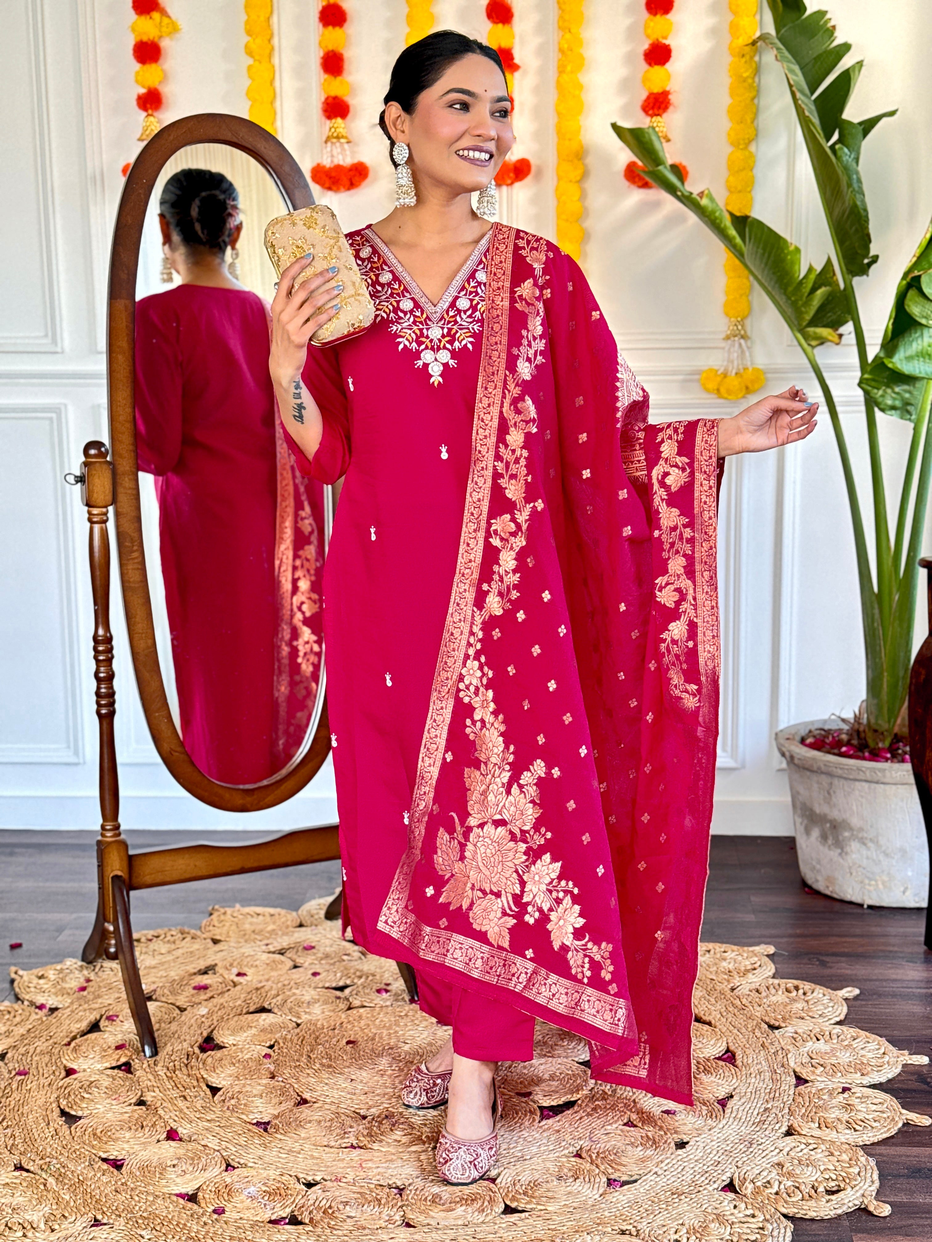 Maroon Embroidered Viscose Chanderi Kurti Set