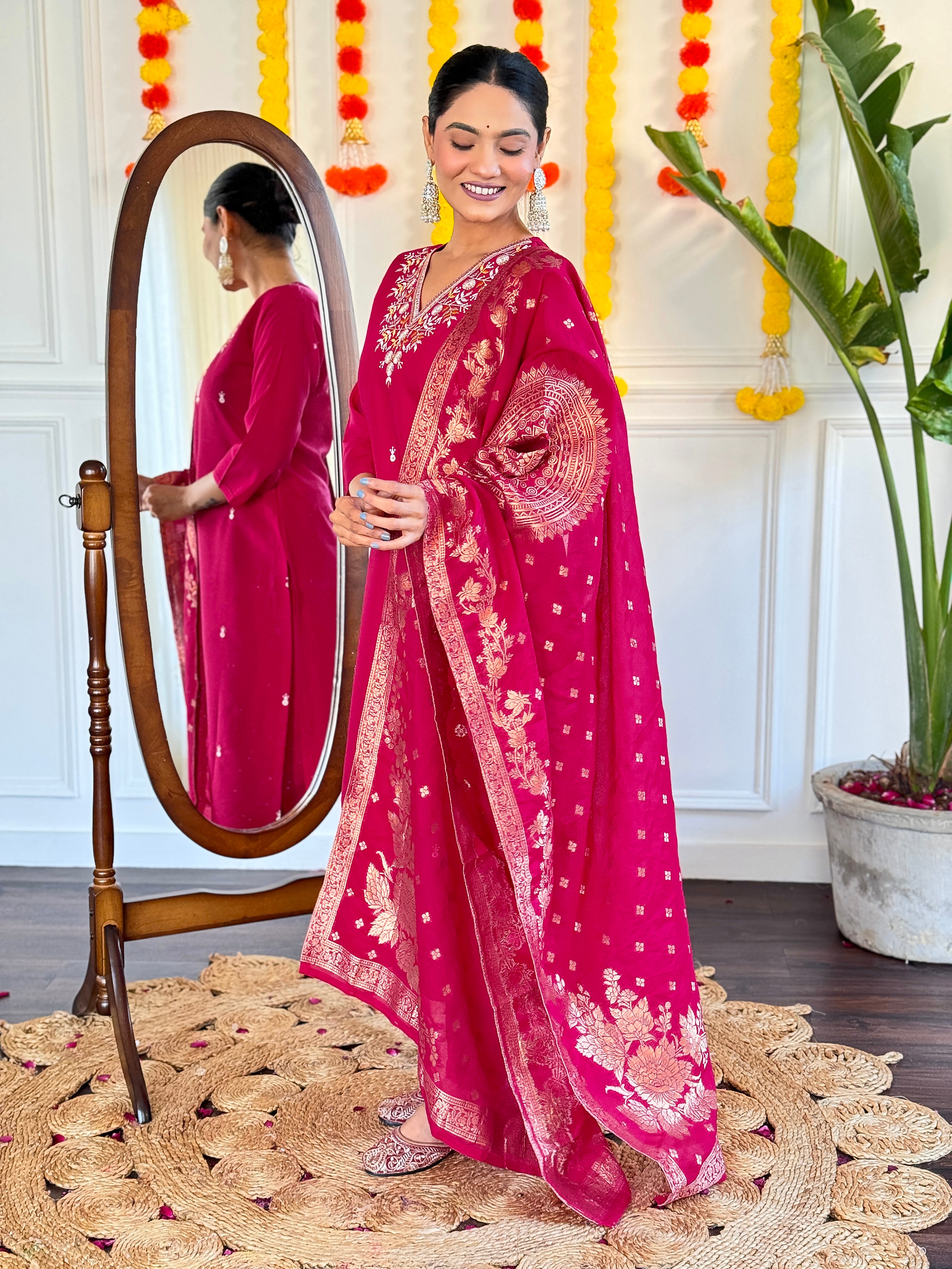 Maroon Embroidered Viscose Chanderi Kurti Set