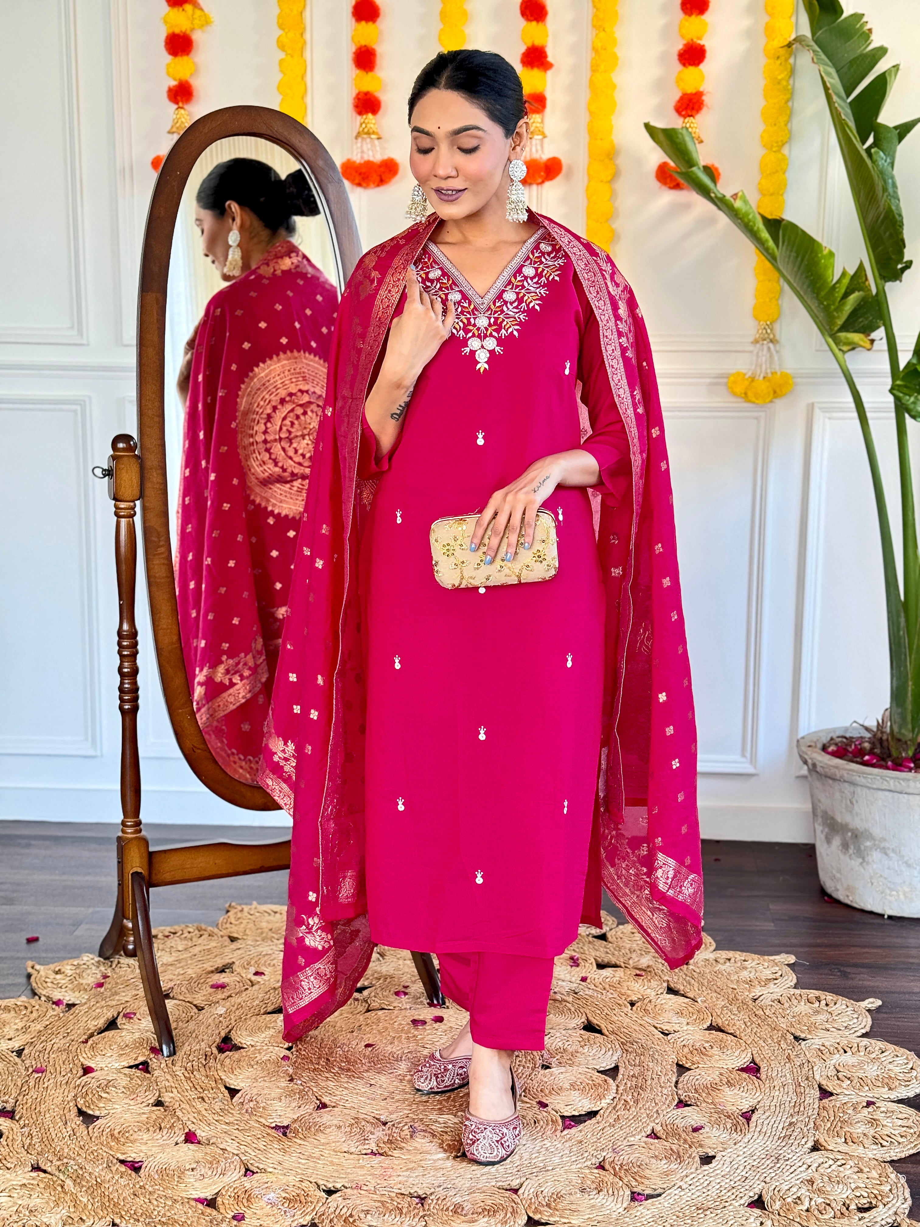 Maroon Embroidered Viscose Chanderi Kurti Set