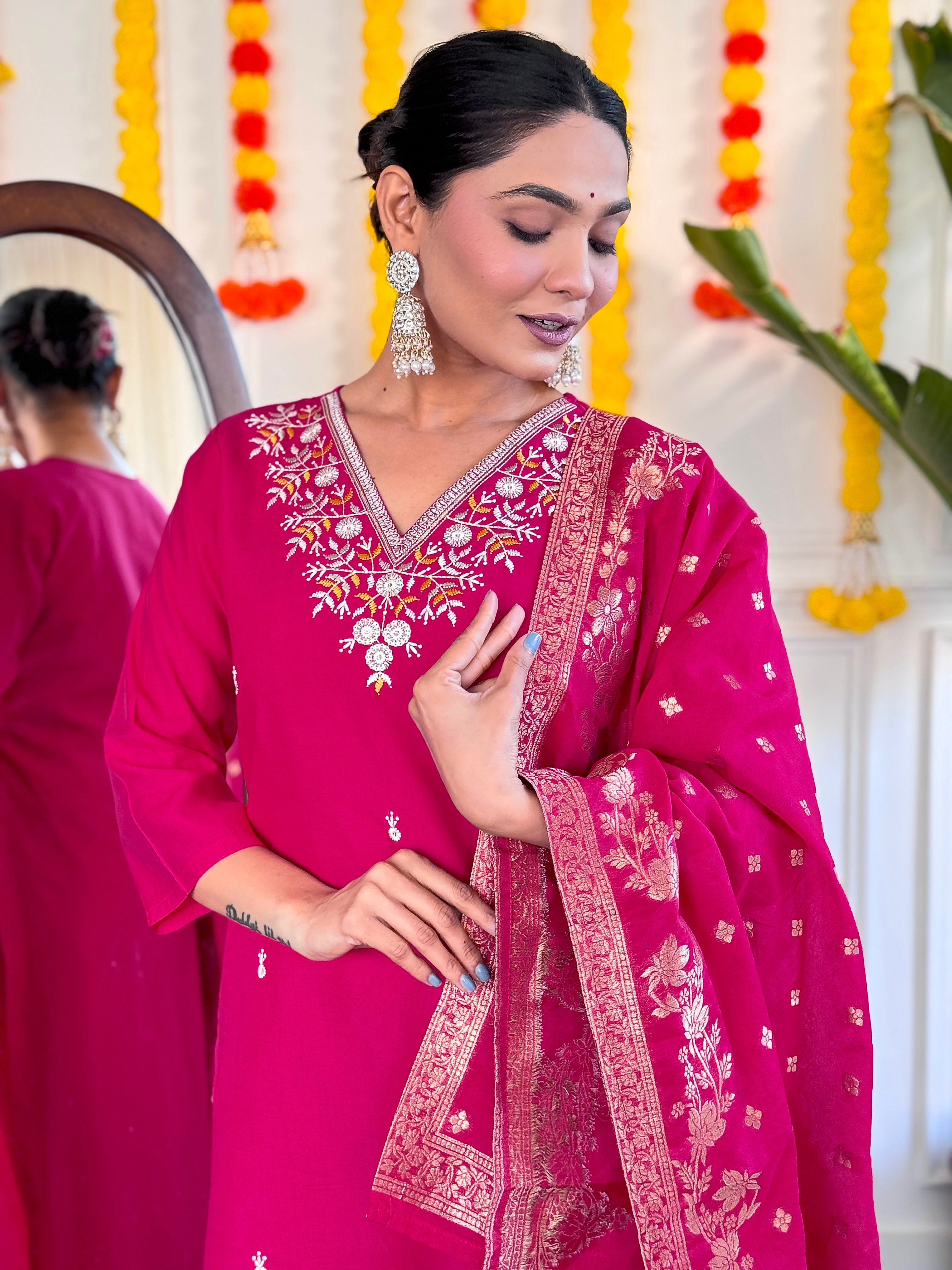 Maroon Embroidered Viscose Chanderi Kurti Set