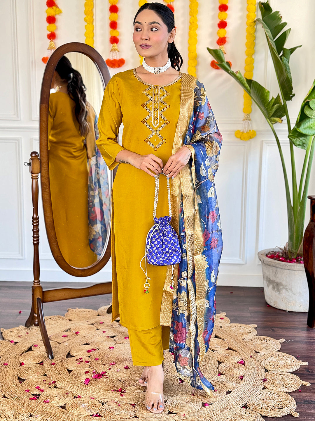 Mustard Yellow Viscose Chanderi Kurti Set