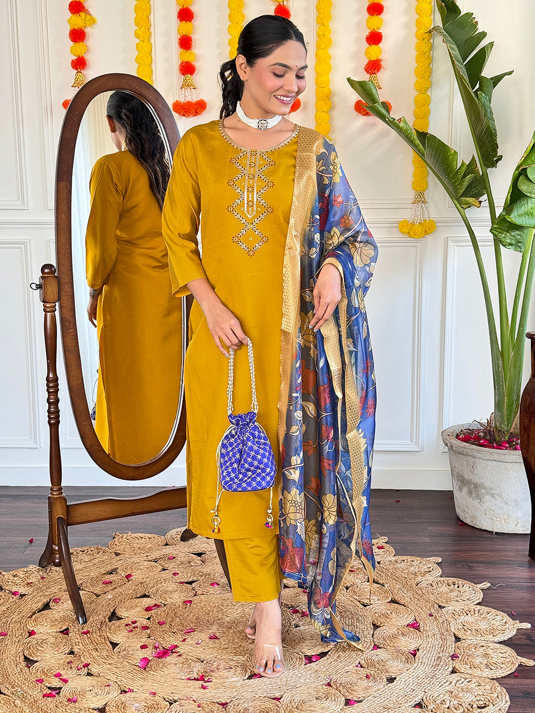 Mustard Yellow Viscose Chanderi Kurti Set