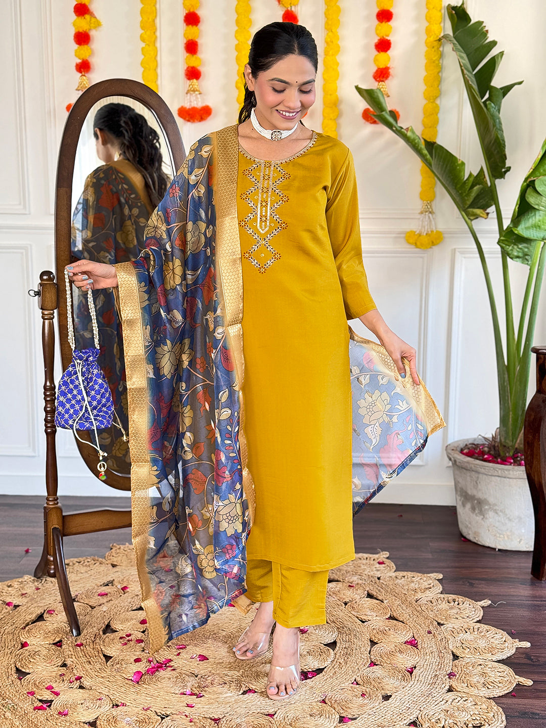 Mustard Yellow Viscose Chanderi Kurti Set