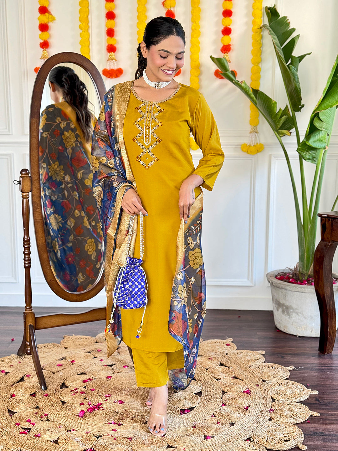 Mustard Yellow Viscose Chanderi Kurti Set