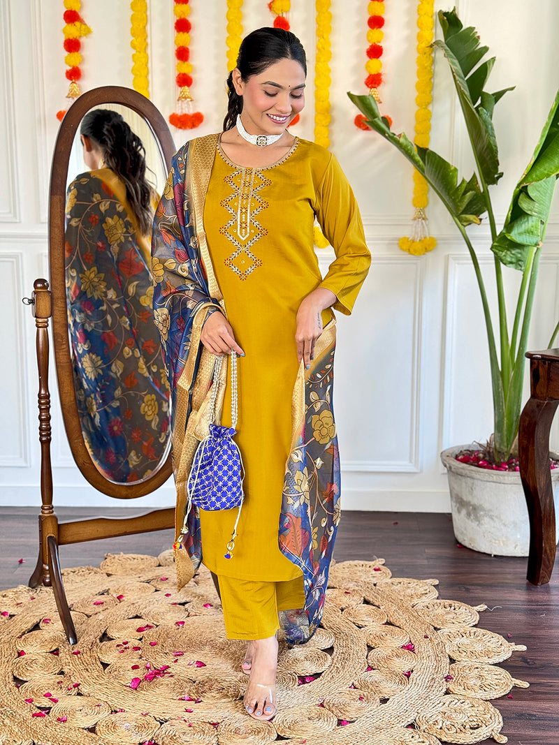 Mustard Yellow Viscose Chanderi Kurti Set