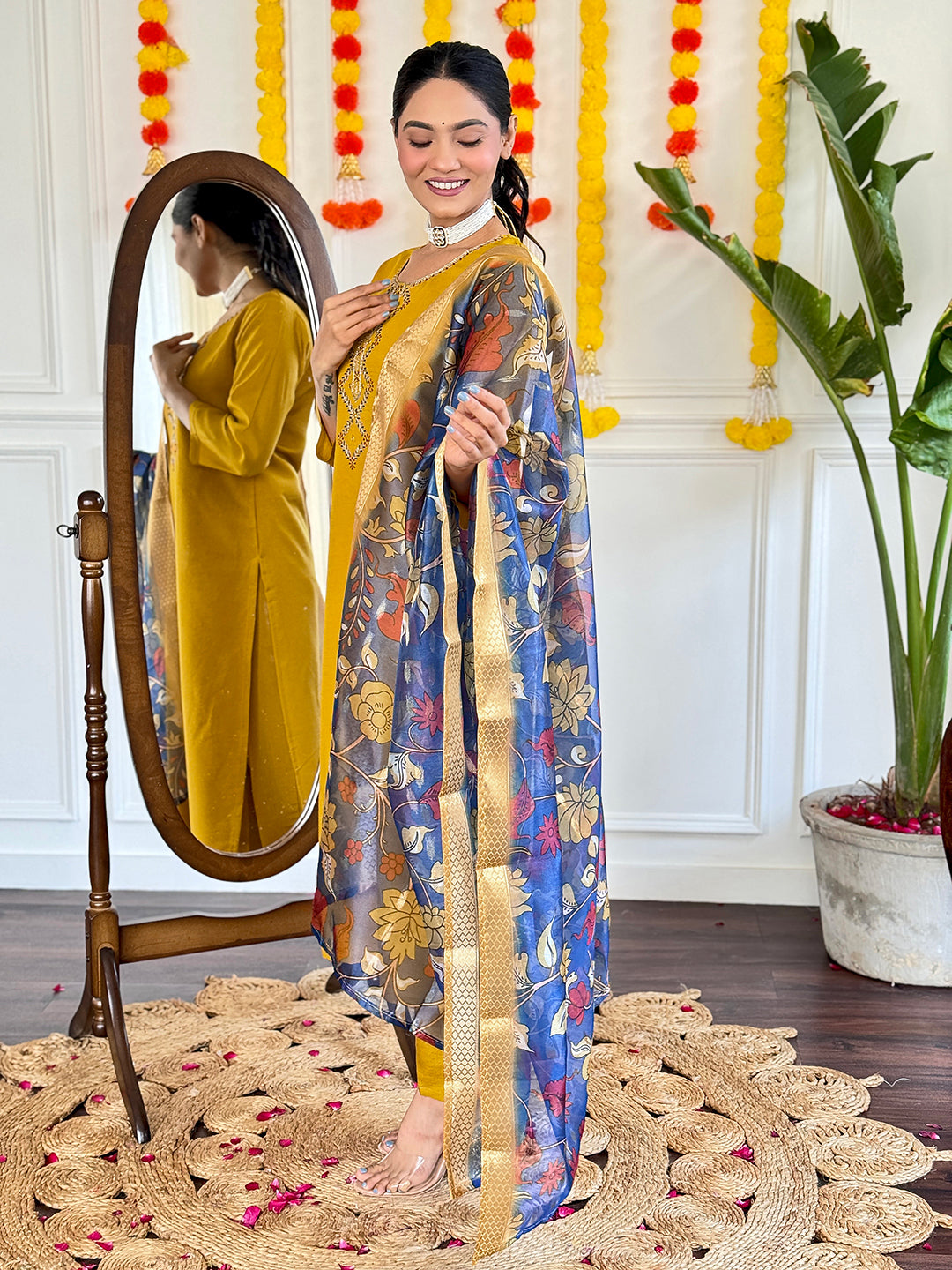 Mustard Yellow Viscose Chanderi Kurti Set