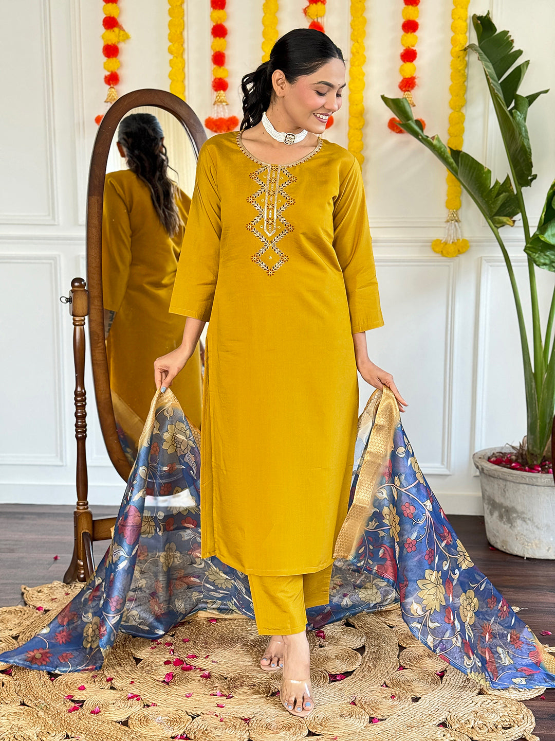Mustard Yellow Viscose Chanderi Kurti Set