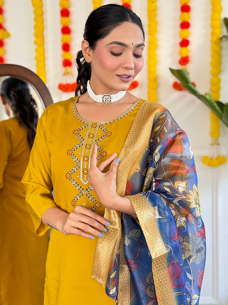 Mustard Yellow Viscose Chanderi Kurti Set