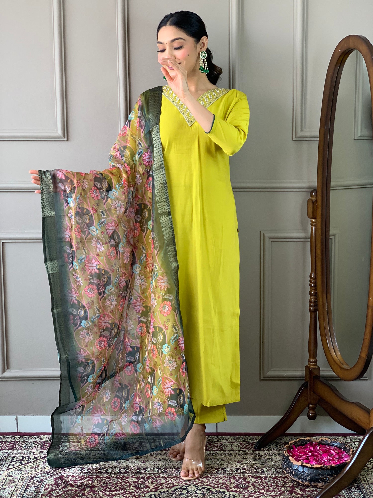 Lemon Yellow Viscose Chanderi Kurti Set