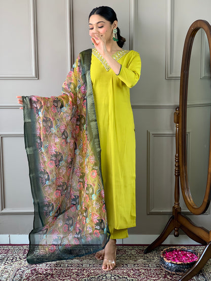 Lemon Yellow Viscose Chanderi Kurti Set