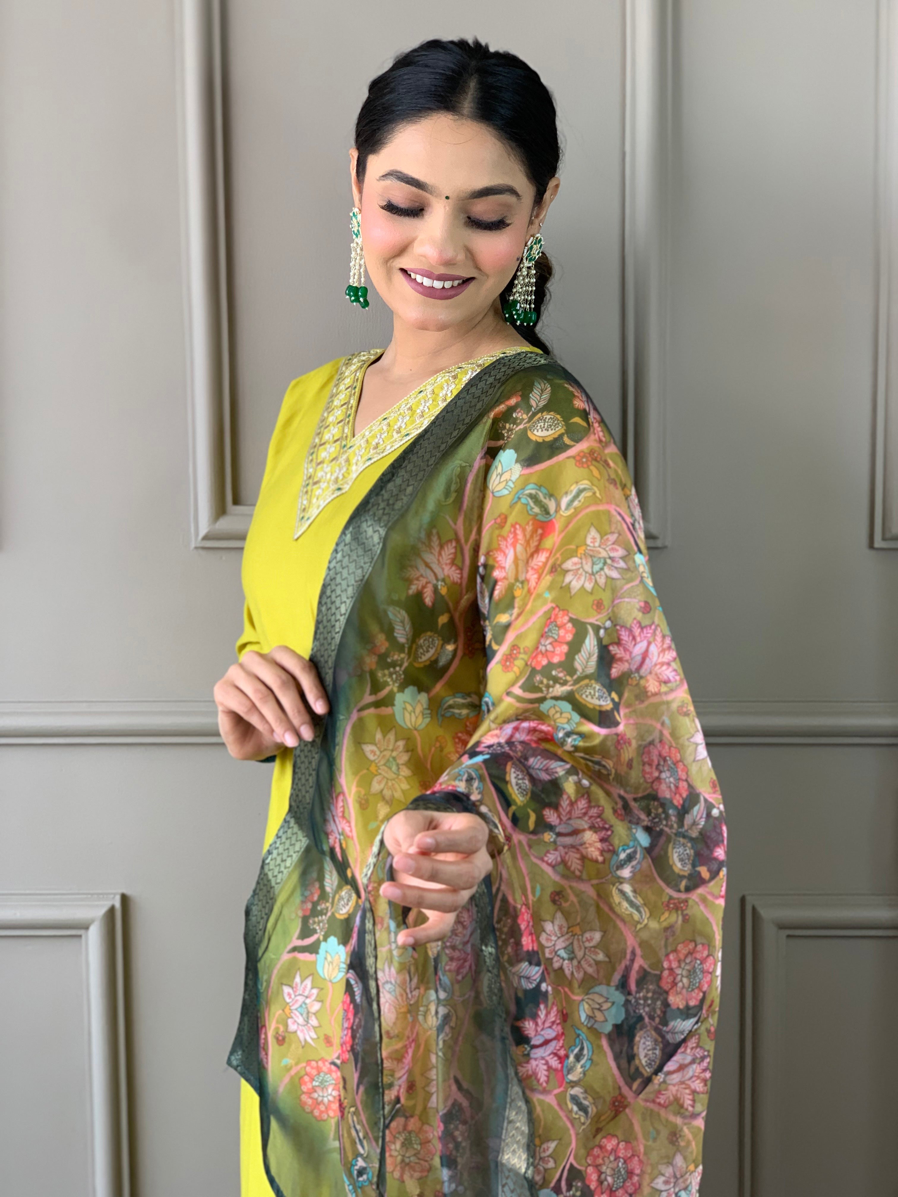 Lemon Yellow Viscose Chanderi Kurti Set