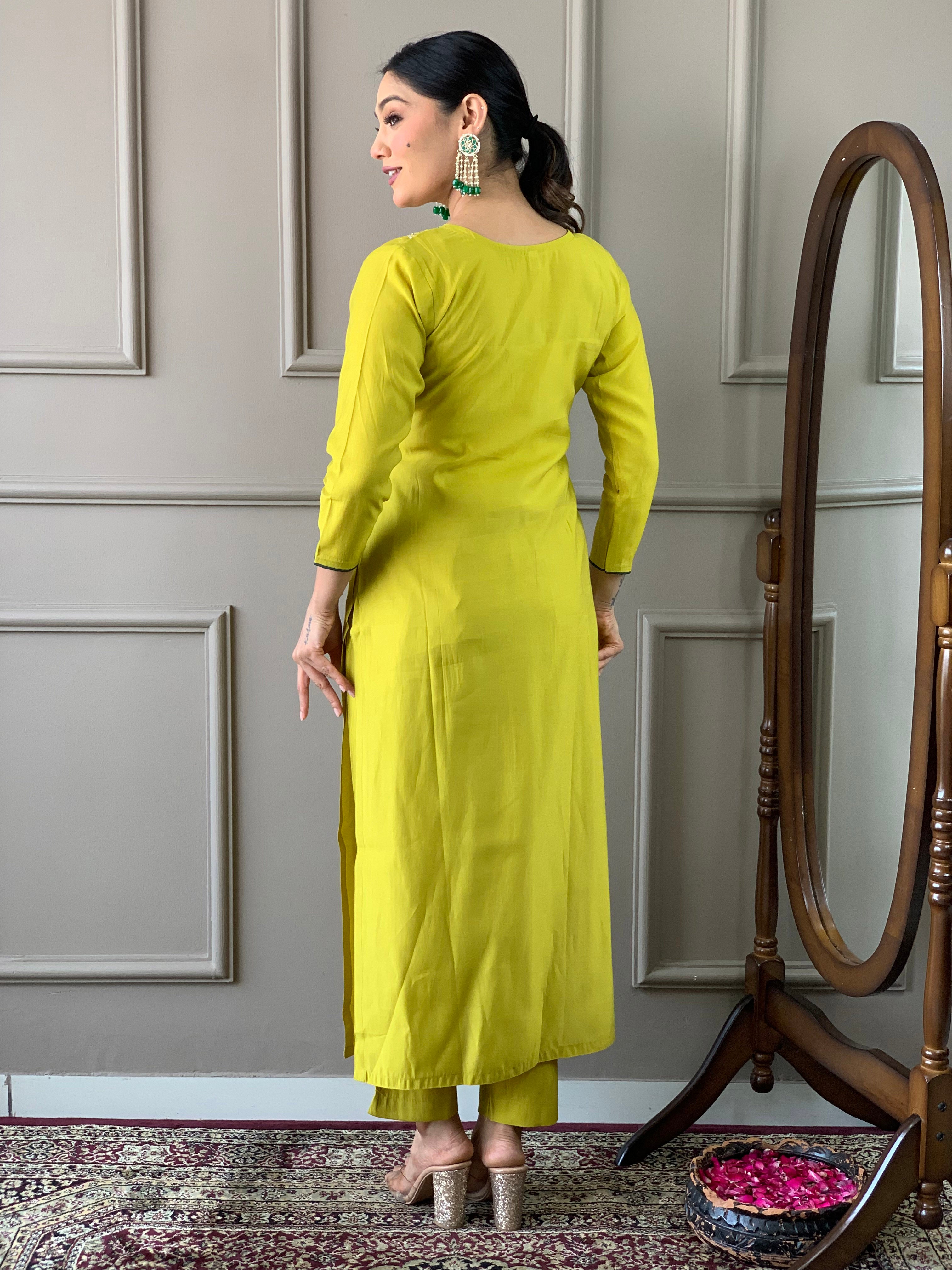 Lemon Yellow Viscose Chanderi Kurti Set