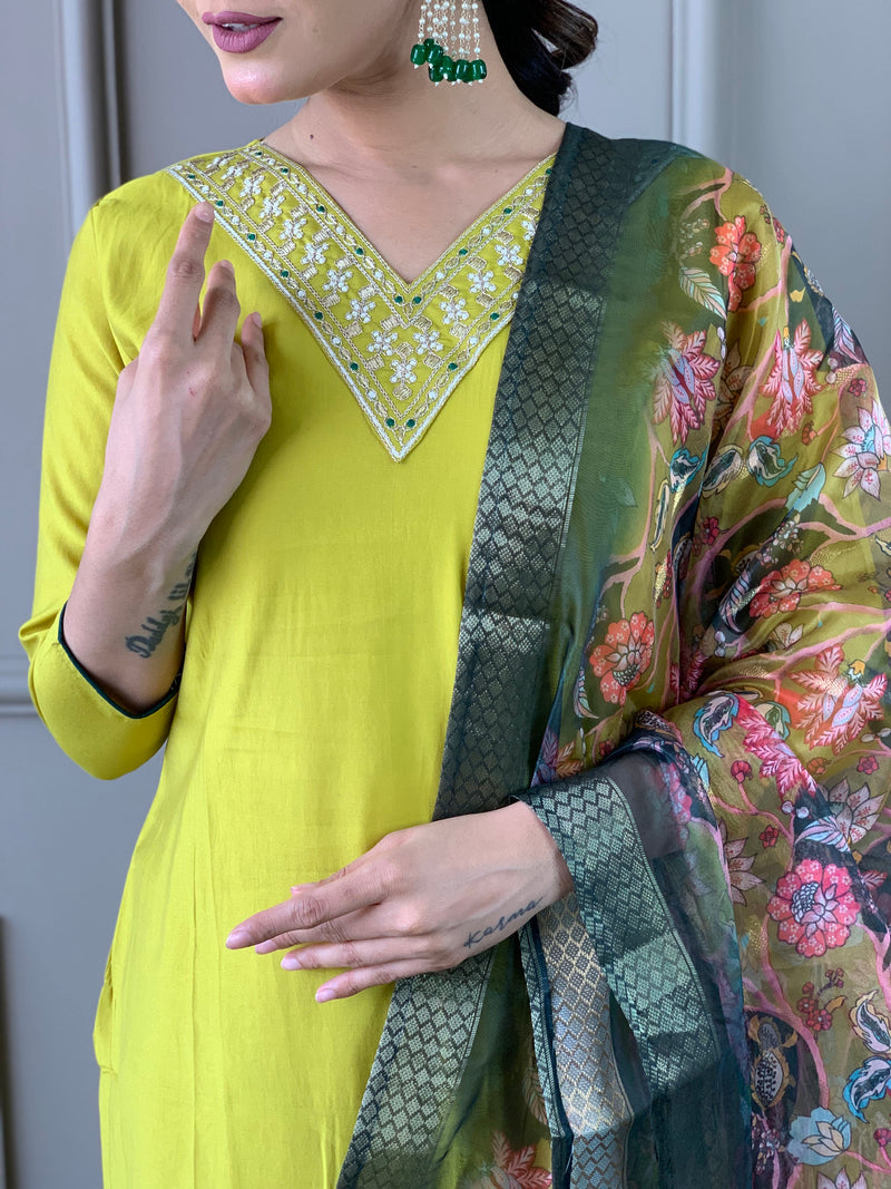 Lemon Yellow Viscose Chanderi Kurti Set