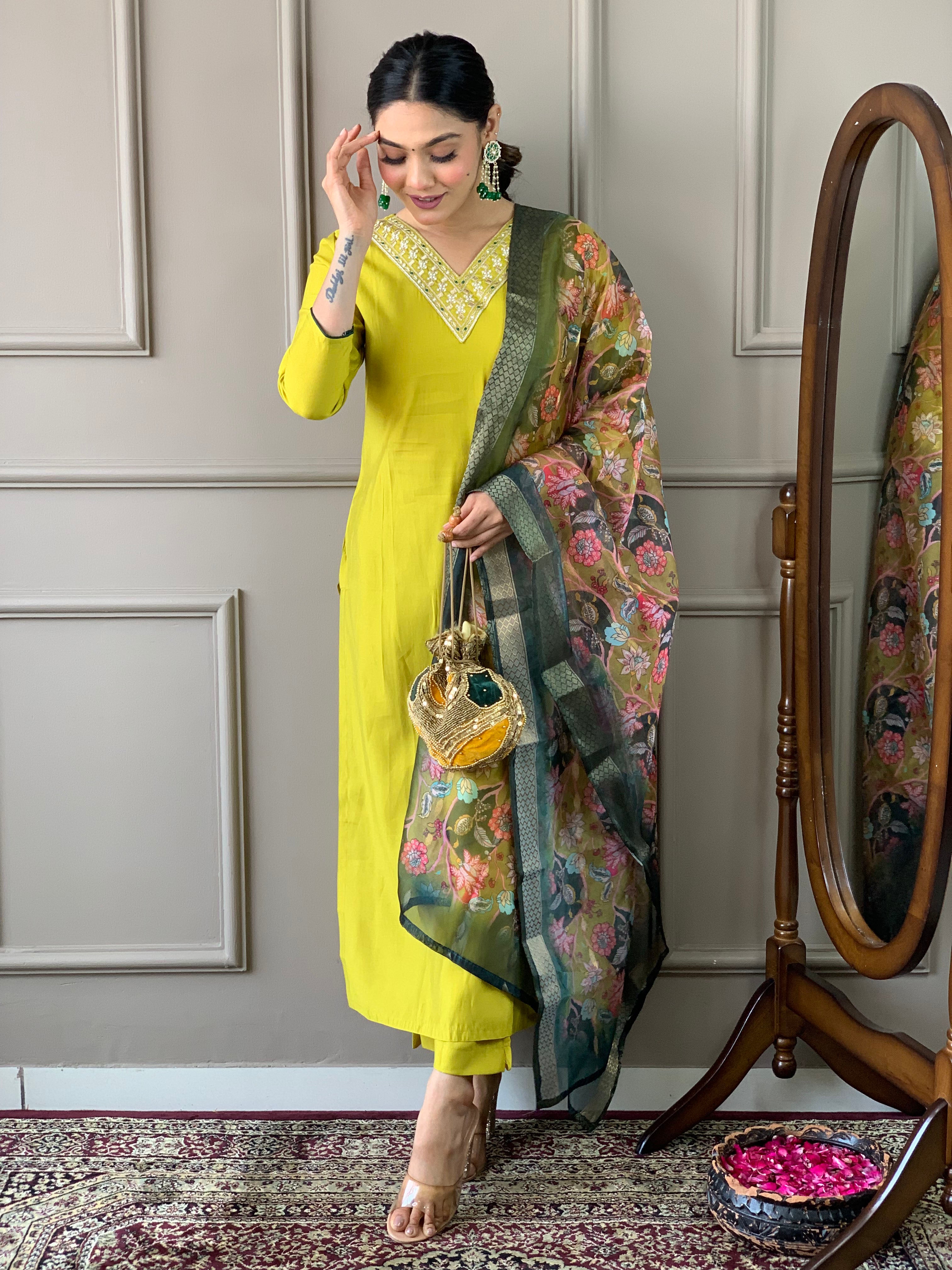 Lemon Yellow Viscose Chanderi Kurti Set