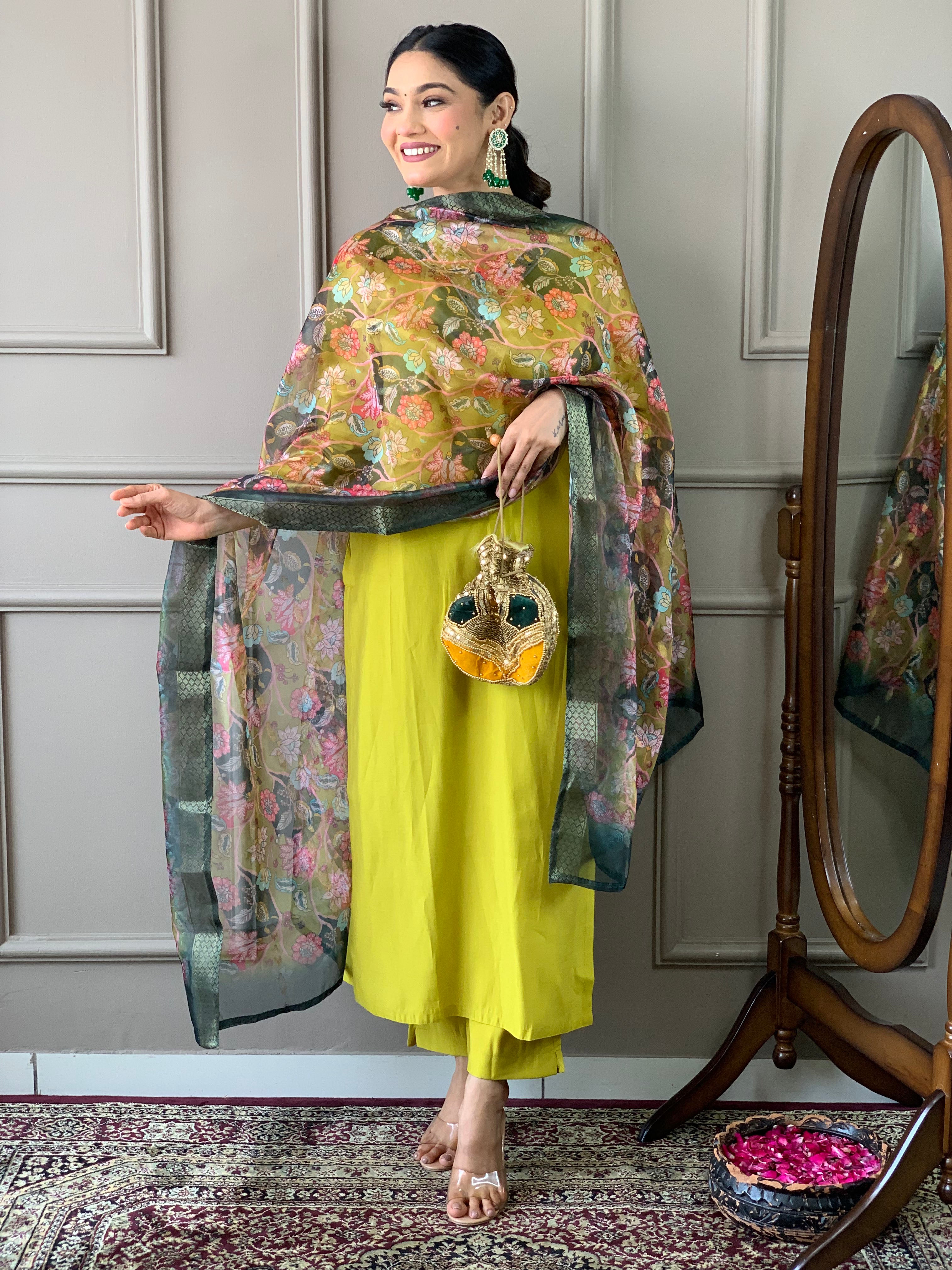 Lemon Yellow Viscose Chanderi Kurti Set
