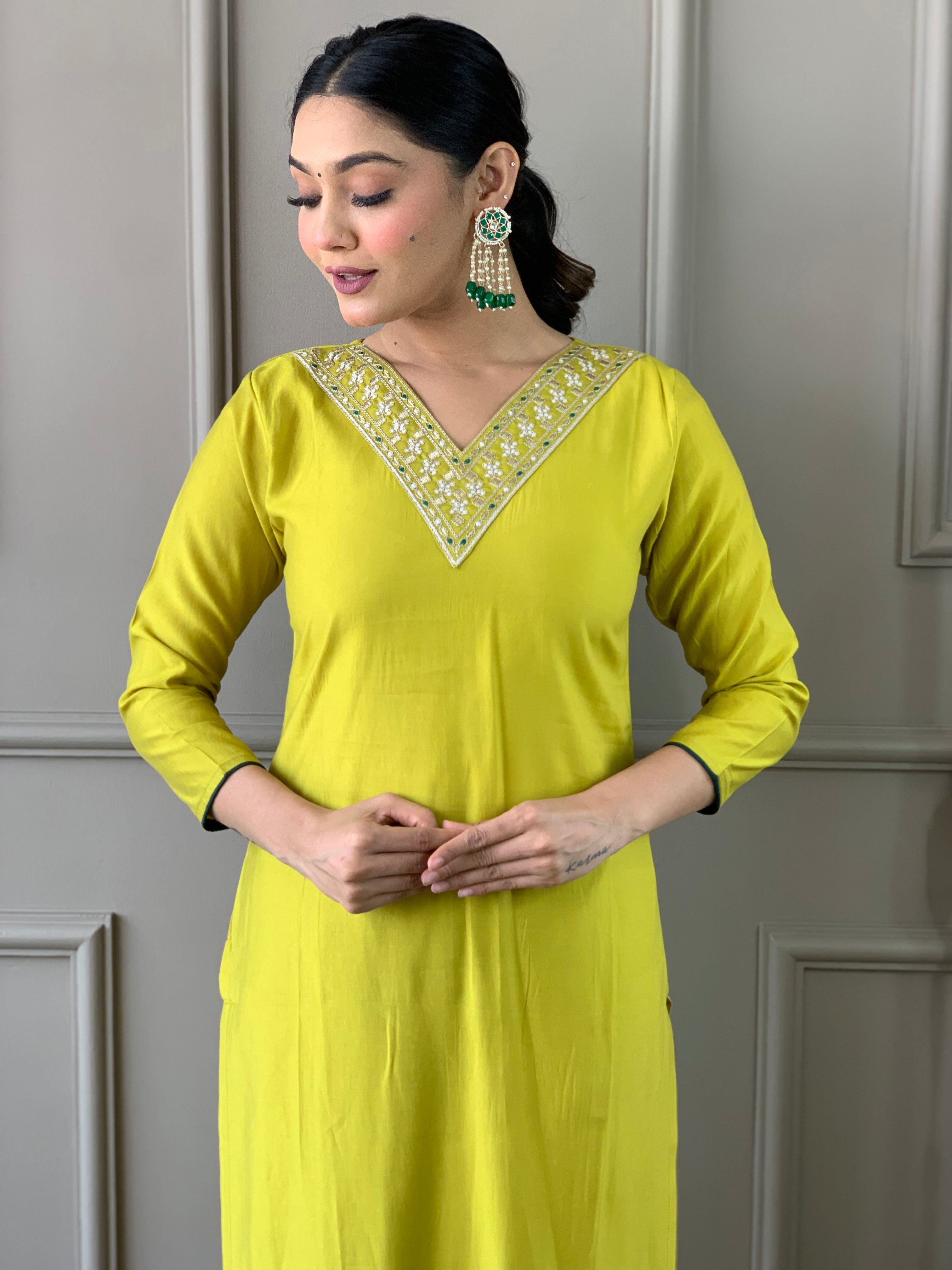 Lemon Yellow Viscose Chanderi Kurti Set