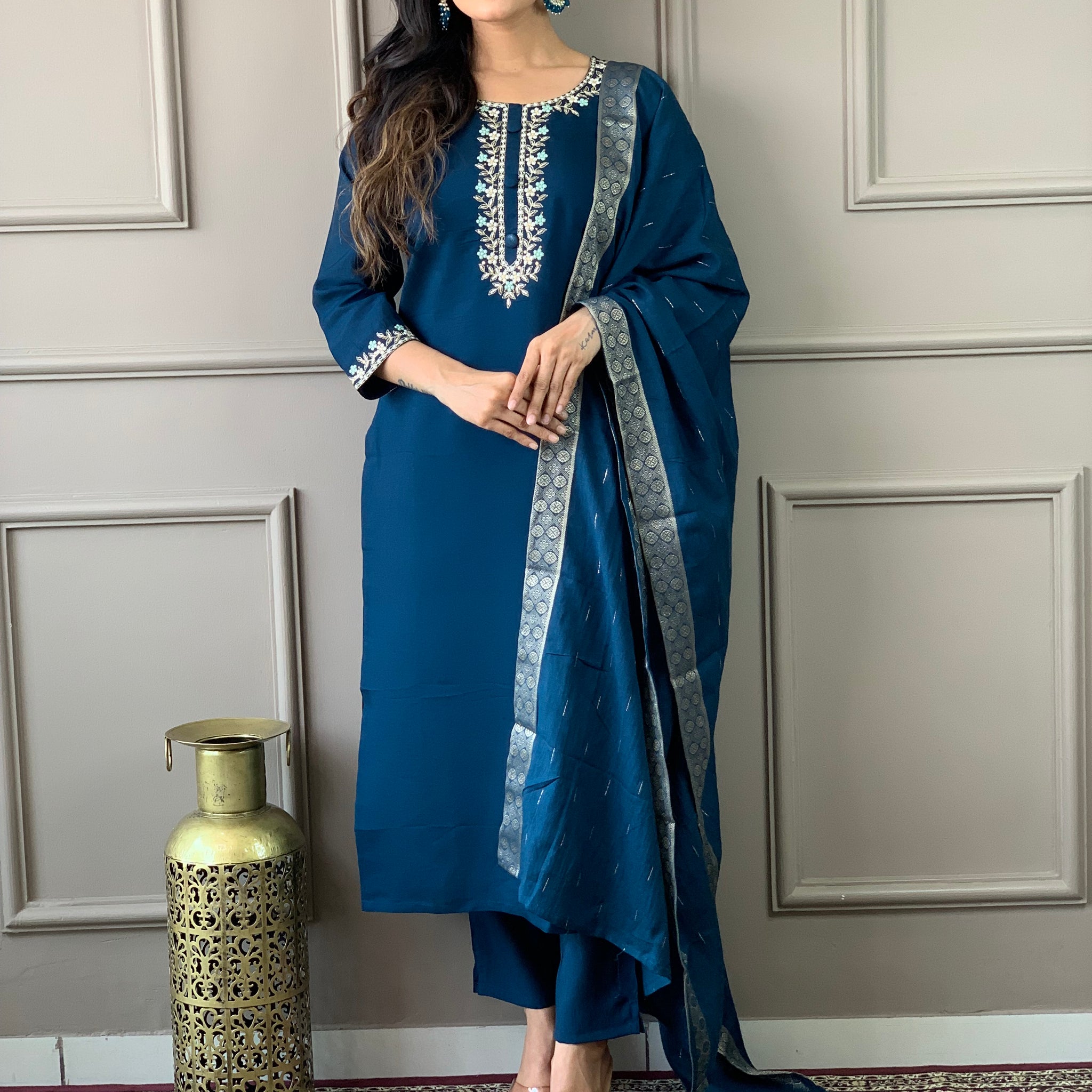 Petrol Blue Viscose Chanderi Kurti Set with Embroidered Neckline