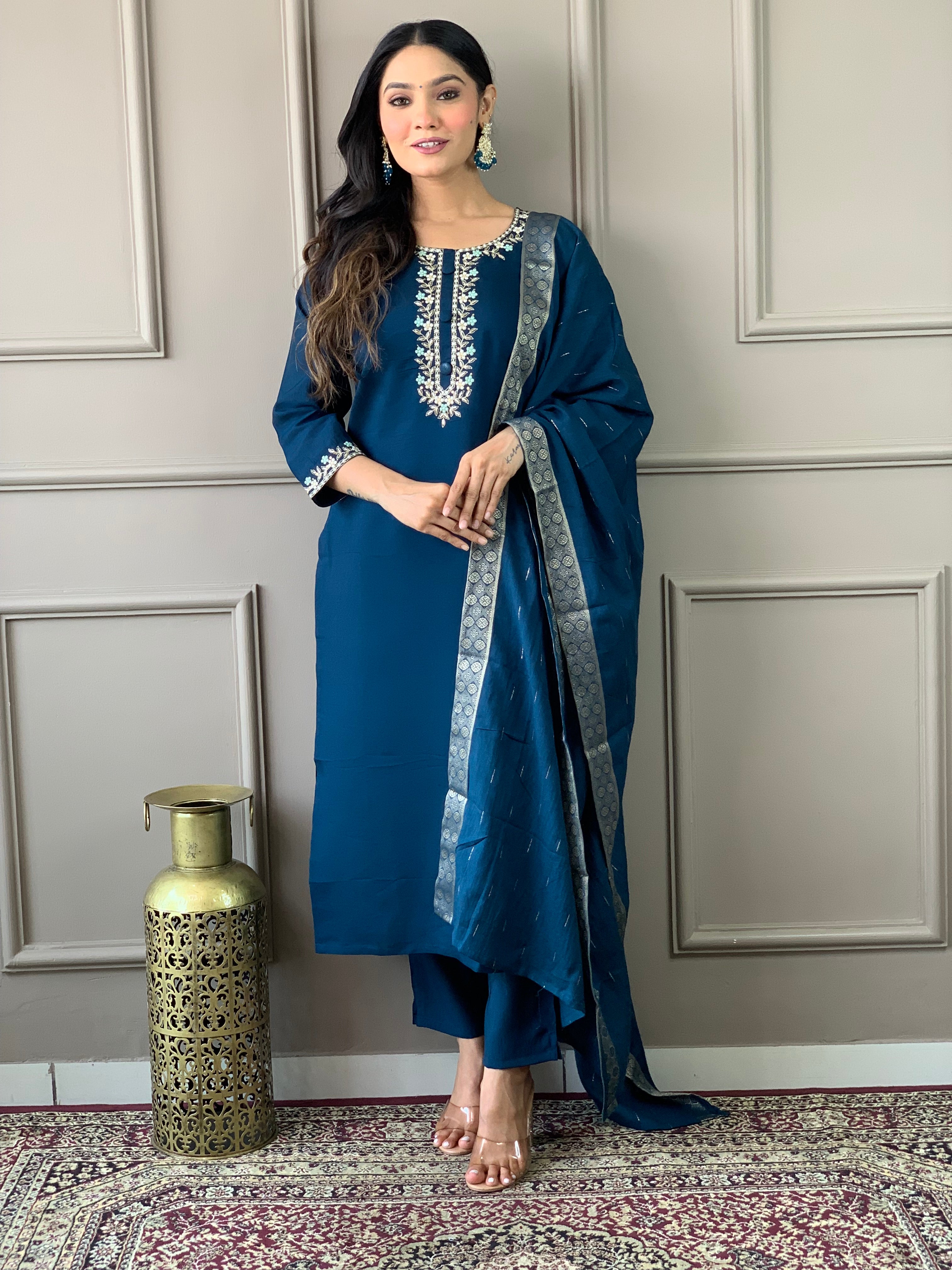 Petrol Blue Viscose Chanderi Kurti Set with Embroidered Neckline