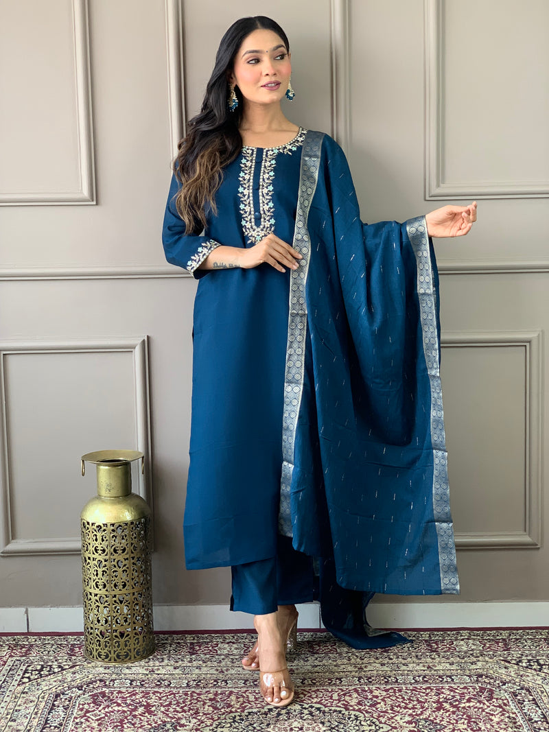 Petrol Blue Viscose Chanderi Kurti Set with Embroidered Neckline