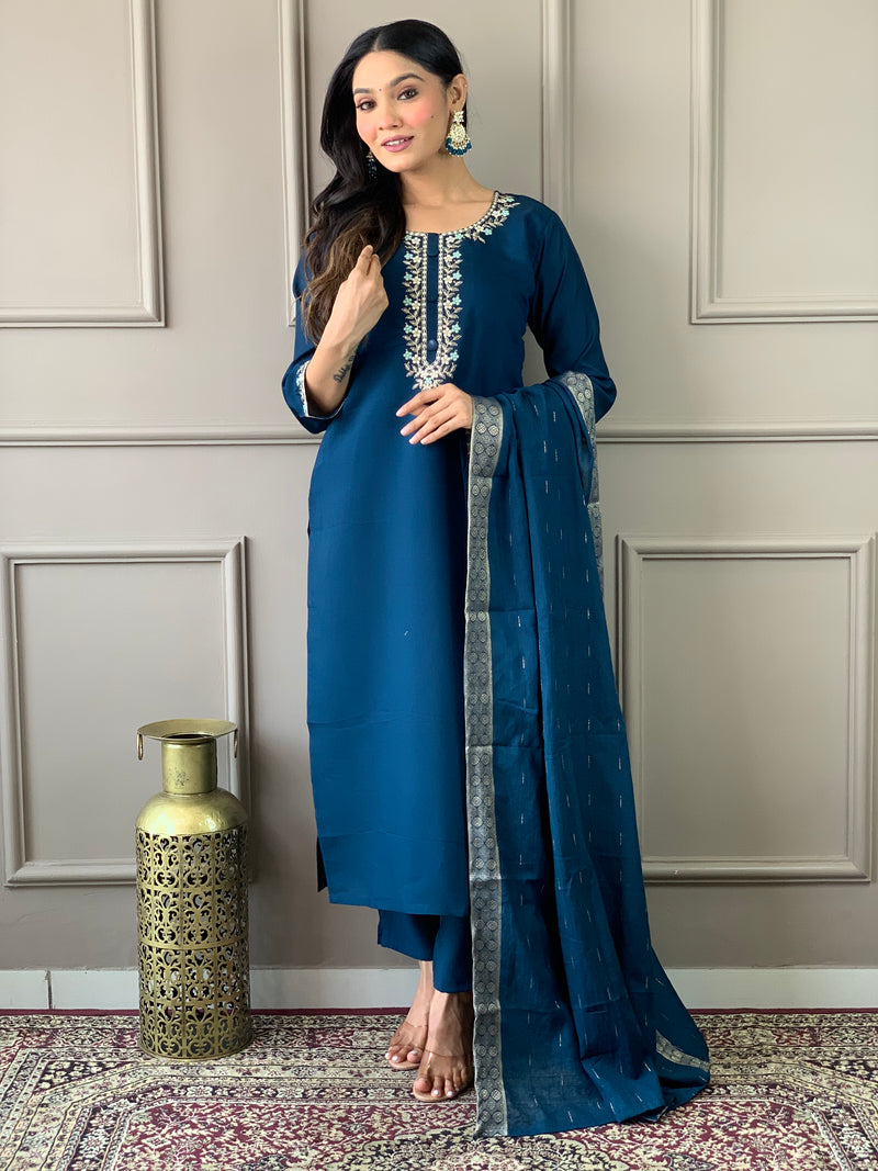 Petrol Blue Viscose Chanderi Kurti Set with Embroidered Neckline